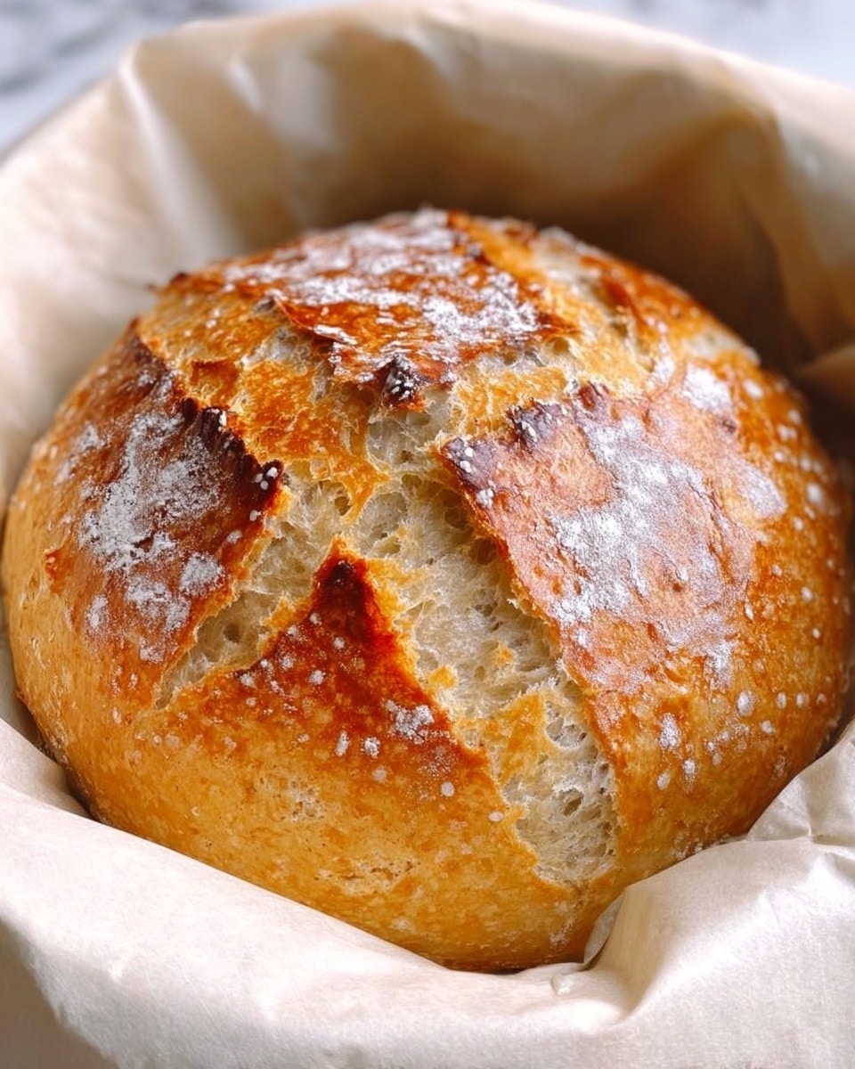 A round loaf of bread with a golden brown crust sits on white parchment paper inside a container. The bread's top has four large cracks revealing a soft, fluffy inner texture with small air holes, while the crust is slightly shiny with patches of light flour dusting. The loaf looks fresh and rustic, placed on a white marbled surface. photo taken with an iphone --ar 4:5 --v 7