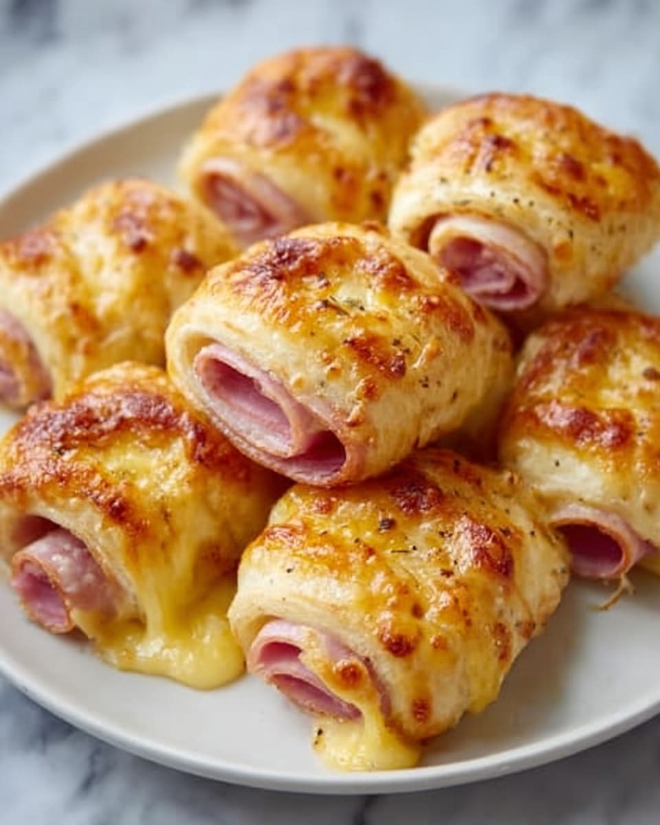Six golden brown baked rolls filled with pink ham and melted light yellow cheese are neatly arranged side by side on a white plate. The cheese is bubbly and slightly browned on top, with some sauce dripping along the sides. The rolls have a crispy texture, showing small browned spots from baking, and the ham inside is thinly sliced and visible at the open ends. The plate rests on a white marbled surface. photo taken with an iphone --ar 4:5 --v 7