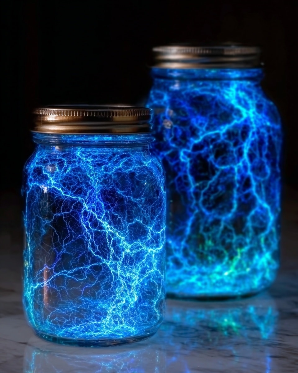 The image shows two clear glass jars filled with a bright blue light that looks like lightning inside. The lightning strands spread and twist through the jars, creating a glowing, electric effect. The jars have silver metal lids and are set against a soft, dark background that makes the blue light stand out. The light inside looks lively and energetic, almost like real electricity caught in the glass. Photo taken with an iphone --ar 4:5 --v 7