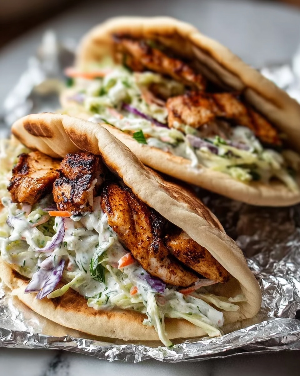 The image shows two sandwiches made with lightly toasted, soft pita bread with a golden-brown char on the edges. Inside each pita, there are two layers of grilled chicken pieces that have a golden, slightly crispy surface with visible seasoning. Below the chicken, there is a creamy coleslaw layer made of shredded green and purple cabbage, along with carrots, all coated in a light, white dressing. The sandwiches rest on crumpled aluminum foil on a white marbled surface. Photo taken with an iphone --ar 4:5 --v 7