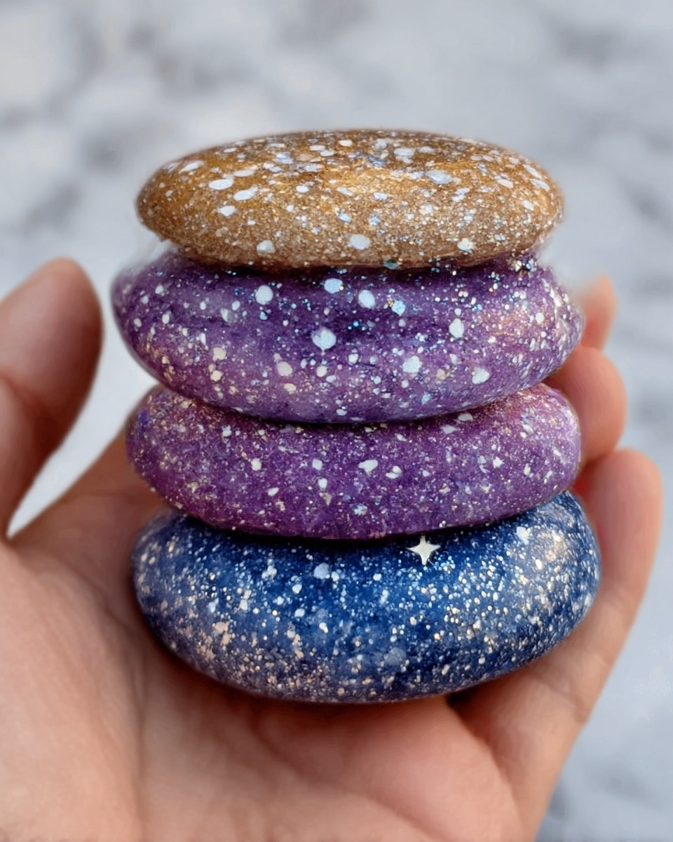 A woman's hand holds three smooth, oval-shaped stones stacked in a pile. The bottom stone is deep blue with shiny silver and gold speckles, giving it a starry look. The middle stone is purple, also covered with sparkling flecks that catch the light. The top stone is light brown and cream, fading gently into a soft, glittery surface. The stones look like little planets with their shiny, sparkly colors. The background has a white marbled texture. photo taken with an iphone --ar 4:5 --v 7