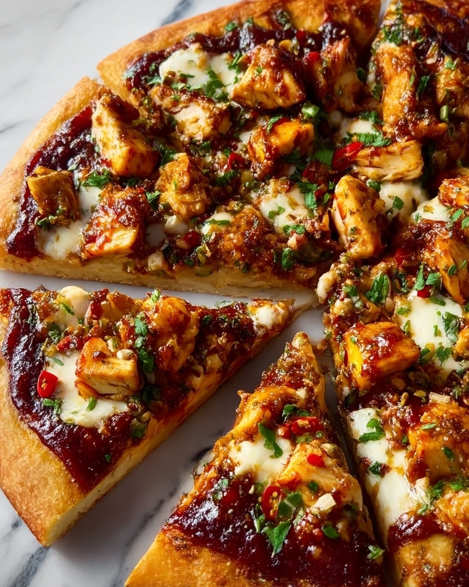 A close-up of a pizza cut into eight slices on a white marbled surface, showing three main layers: a thick golden-brown crust at the bottom, topped with a dark red tomato sauce spread evenly; above the sauce, patches of melted white cheese are visible, soft and slightly gooey; large chunks of golden-brown grilled chicken pieces with a slightly crispy texture are generously spread on top, mixed with small bits of finely chopped green herbs and tiny pieces of red chili adding color contrast. The pizza looks fresh and flavorful with layered textures and vibrant colors. photo taken with an iphone --ar 4:5 --v 7