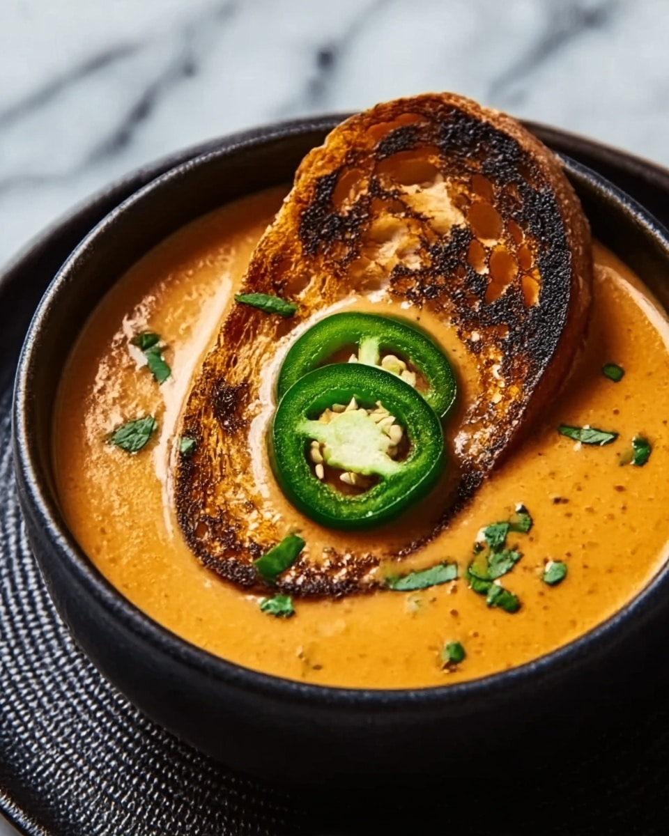 A dark bowl filled with creamy orange soup that has a smooth texture, topped with a single piece of toasted bread that is golden brown with charred spots, floating in the center. On top of the bread sits a sliced green jalapeño pepper with visible seeds. Tiny green herb leaves are scattered over the surface of the soup. The bowl rests on a textured dark round tray and the whole scene is set against a white marbled background. Photo taken with an iphone --ar 4:5 --v 7