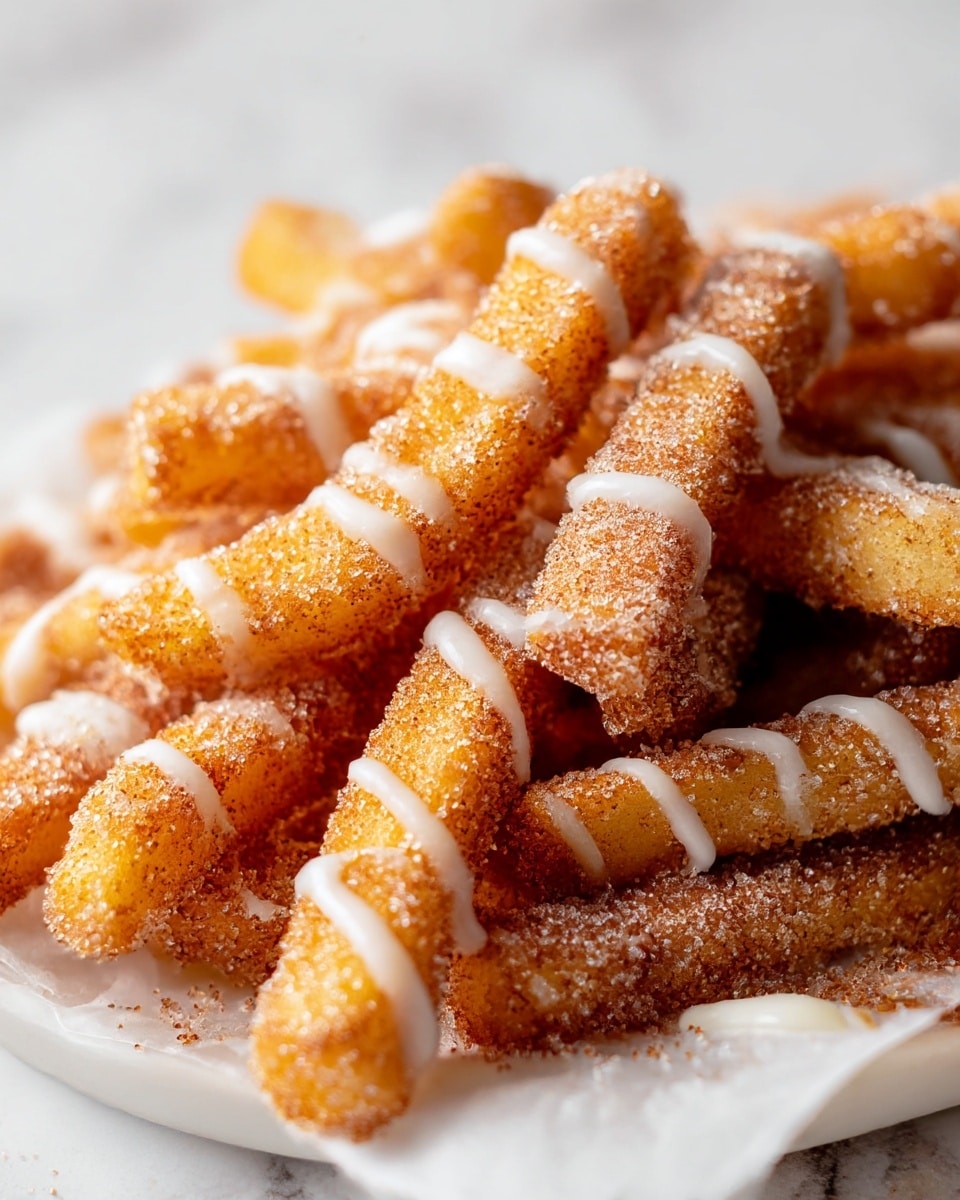 A close-up view of crispy golden fries coated with a coarse layer of cinnamon sugar, making the texture look crunchy and grainy. The fries are arranged in an uneven pile on white parchment paper over a white plate. Thin, irregular drizzles of white icing add a glossy contrast and extra texture, running across the top and sides of the fries. The background features a softly blurred white marbled texture, enhancing the warm colors and details of the fries. photo taken with an iphone --ar 4:5 --v 7