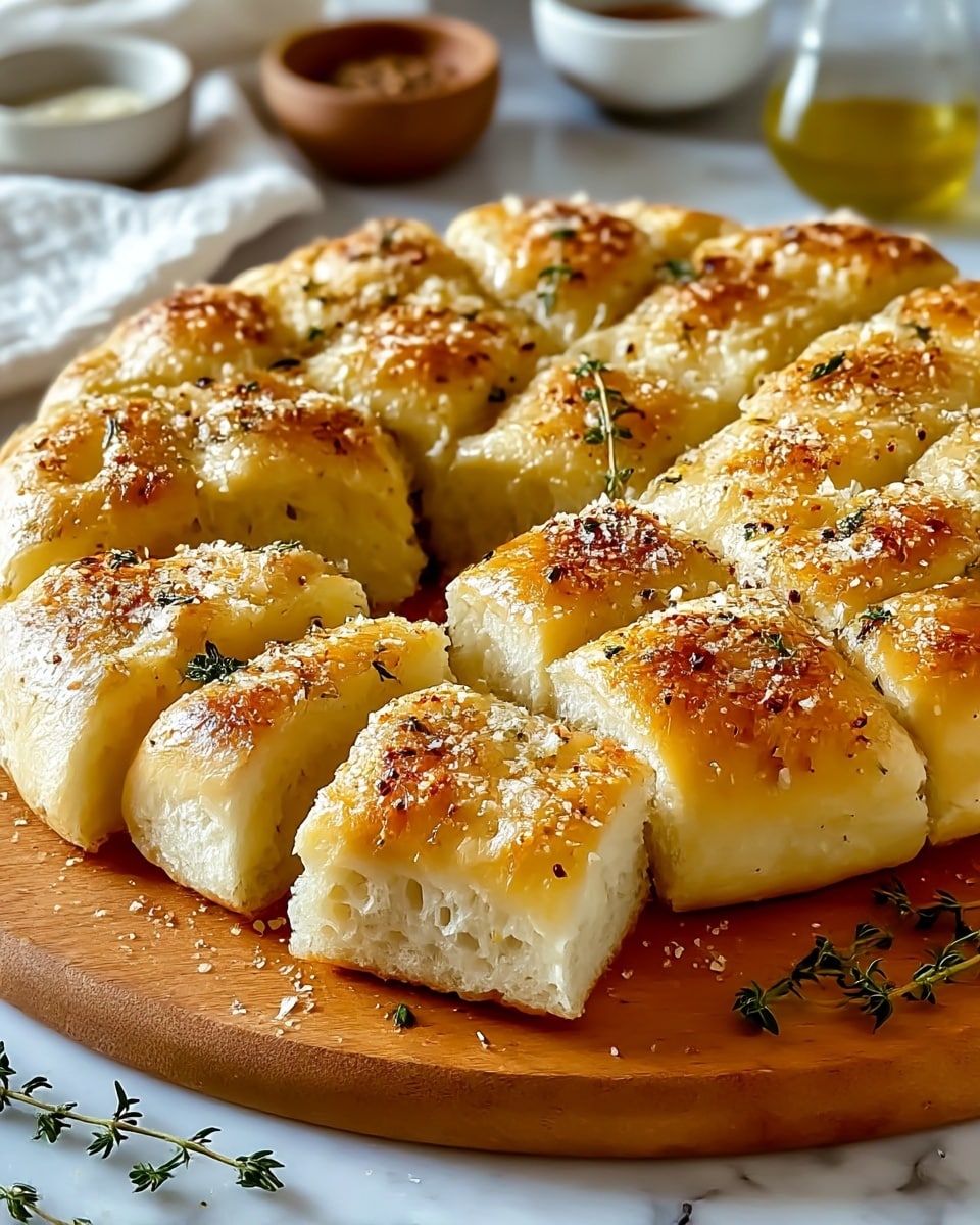 A round focaccia bread with a golden crust, cut into several thick, square pieces arranged in a circle on a wooden board. The top layer is bubbly, with light and darker golden toasted spots, sprinkled evenly with coarse salt, black pepper flakes, and small green herb leaves. Visible soft, airy bread inside shows a light cream color. Some thyme sprigs are placed casually on top and around the bread. The setting is on a white marbled texture surface with blurred small bowls and a white cloth in the background. Photo taken with an iphone --ar 4:5 --v 7