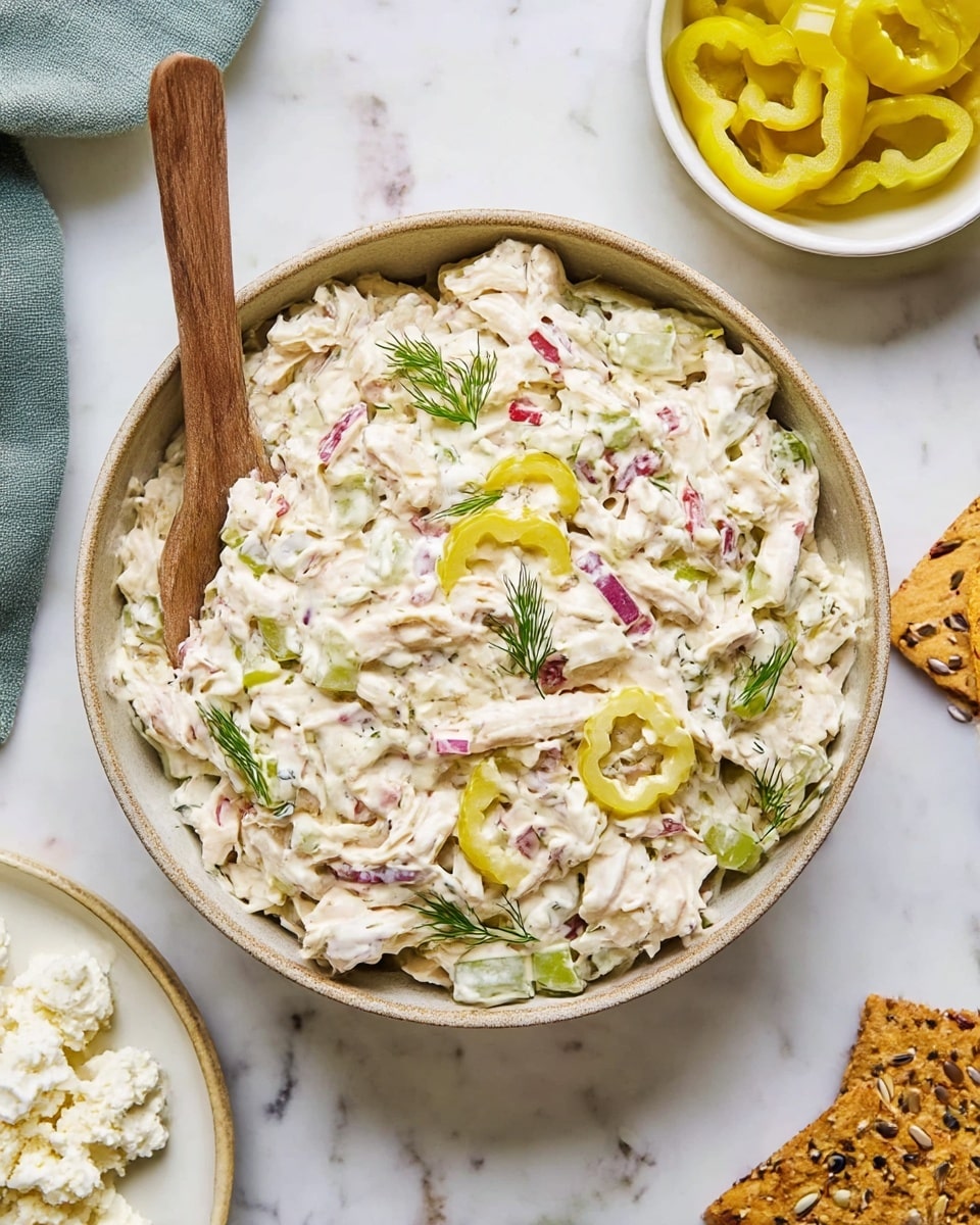 A bowl filled with creamy chicken salad sits in the center on a white marbled surface. The salad has roughly three main layers visible: the base consists of shredded white chicken mixed with creamy white dressing, interspersed with bright green celery slices, thin slices of red onion adding a touch of purple, pale yellow banana pepper rings, and small bits of red pepper. Fresh green dill sprigs are scattered on top, adding color and texture. A wooden spoon rests inside the bowl on the left side. To the top right, a small white bowl contains extra pale yellow banana pepper slices, and to the left, a white plate holds roughly crumbled white feta or cheese. A piece of brown cracker with seeds peeks from the right side. The background is a clean white marbled texture. Photo taken with an iphone --ar 4:5 --v 7