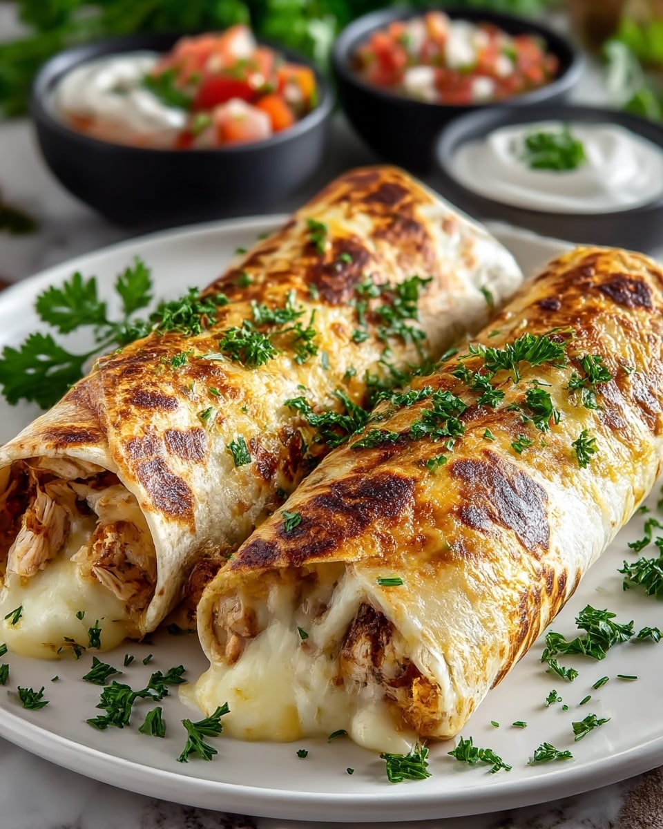 Three grilled chicken and melted cheese burritos sit side by side on a white plate, each wrapped in a golden-brown toasted tortilla with darker charred spots. The burritos are topped with bright green chopped parsley scattered over them and the plate. The burritos show layers of shredded grilled chicken and gooey white melted cheese peeking out from the ends. In the background, two small black bowls hold white sour cream with a parsley garnish and a red salsa with chopped vegetables. The scene is set on a white marbled surface, with fresh parsley blurred softly behind. photo taken with an iphone --ar 4:5 --v 7