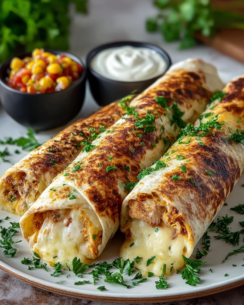 Three grilled chicken and cheese burritos lie side by side on a white plate, each wrap showing a golden-brown toasted texture with darker charred spots. The burritos are filled with layers of melted white cheese and shredded, spiced chicken, visible at the open ends where the cheese slightly oozes out. Bright green chopped parsley is sprinkled generously over the burritos and scattered on the plate as a garnish. Behind the plate, two small black bowls hold a white creamy sauce and a vibrant red salsa with bits of yellow corn and green herbs. The scene is set on a white marbled surface with blurred green herbs in the background. Photo taken with an iphone --ar 4:5 --v 7