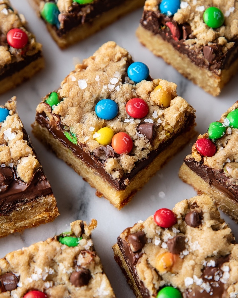 The image shows several cut square bars with three visible layers: the bottom layer is a dense and dark chocolate base, the middle layer is thick and rich melted chocolate chips mixed with colorful candy-coated chocolate pieces, and the top layer is a golden crumbly cookie dough baked with chunks creating a rough textured surface. The candy pieces add bright spots of red, green, yellow, blue, and orange across the bars. Some flakes of salt sprinkle the top, adding a slight contrast. The bars are arranged closely on a white marbled surface. photo taken with an iphone --ar 4:5 --v 7