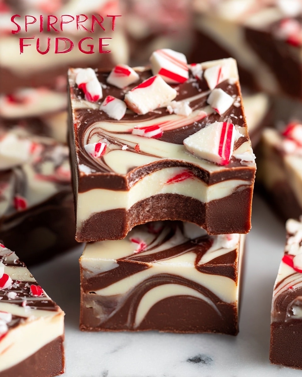 A close-up view of square peppermint swirl fudge pieces stacked on a white marbled surface. Each piece has two main layers: a smooth dark brown chocolate layer swirled with a creamy white layer, creating a marbled pattern throughout. The top surface is a solid dark brown chocolate layer, scattered with broken chunks of white peppermint candy with red streaks. One piece on the top has a bite taken from the front, revealing the swirled layers inside. The background shows more pieces of the same fudge slightly out of focus. photo taken with an iphone --ar 4:5 --v 7