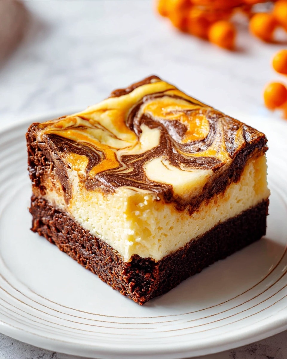 A square slice of dessert is shown on a white plate with subtle rings, placed on a white marbled surface. The dessert has two distinct layers: a dense, dark brown bottom layer with a slightly rough texture, resembling chocolate brownie, and a thick top layer that appears creamy and pale yellow with a smooth texture. This top layer is decorated with swirling patterns of deep brown and bright orange shades, creating a marbled effect across the surface. The edges of the dessert are clean and slightly raised. In the top right corner, there are small orange decorative fruits or berries blurred in the background. Photo taken with an iphone --ar 4:5 --v 7