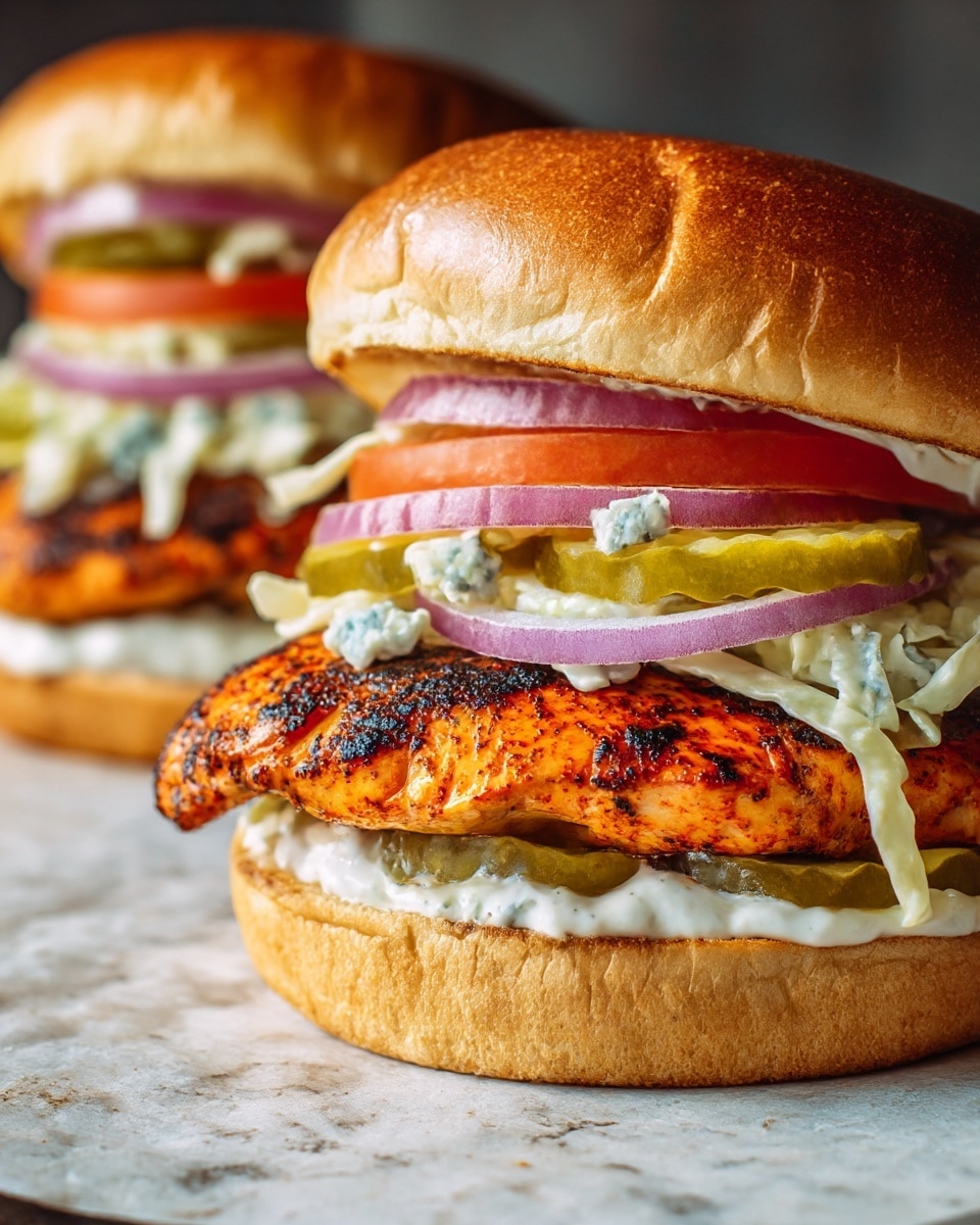 Two grilled chicken sandwiches are shown on a textured surface with a white marbled texture. The closest sandwich has five visible layers: at the bottom, a toasted bun with a light brown, soft texture; above it, a layer of white creamy sauce spread evenly; next, a thick, well-spiced grilled chicken breast with a slightly charred orange surface; on top of the chicken, a creamy coleslaw with shredded light green cabbage mixed with small bits of blue cheese; above that, slices of bright red tomato, thin purple onion rings, and green pickles are layered neatly; all are held together with a shiny, golden brown toasted bun. The second sandwich is blurred in the background but has the same layers and appearance. Photo taken with an iphone --ar 4:5 --v 7