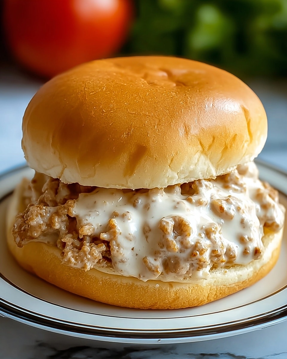 A close-up of a sandwich on a soft, shiny light brown bun with a smooth texture. Inside the sandwich is a thick layer of a creamy white gravy mixed with small, crumbled brown pieces of sausage. The gravy coats the sausage chunks, making the filling look rich and slightly lumpy. The sandwich sits on a white plate with a thin black rim, placed on a white marbled surface, with a blurry green background and a red tomato visible behind. Photo taken with an iphone --ar 4:5 --v 7