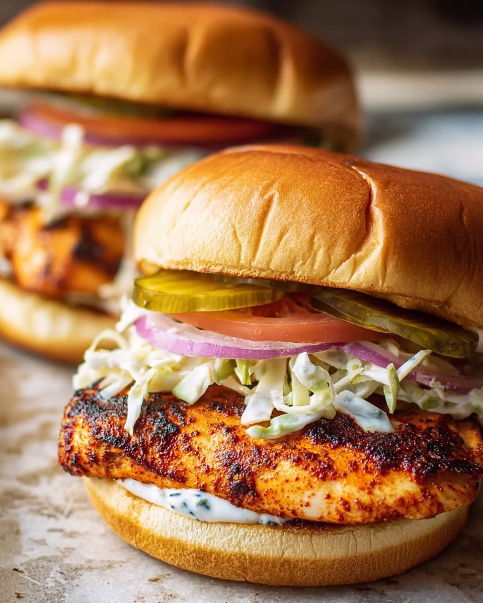 Two grilled chicken sandwiches are shown close up on a slightly worn surface changed to a white marbled texture. Each sandwich has a soft, golden brown top bun with a shiny texture. Below the top bun is a layer of green pickle slices, thinly sliced red onion rings, and a slice of red tomato. Next comes a layer of creamy coleslaw with white and pale green shredded cabbage. Underneath the coleslaw is a thick, juicy grilled chicken breast with a spicy reddish-brown grilled texture, resting on a white mayonnaise spread on the bottom bun. The bottom bun is soft and golden brown. The focus is sharp on the front sandwich, with the second one blurred behind it. Photo taken with an iphone --ar 4:5 --v 7