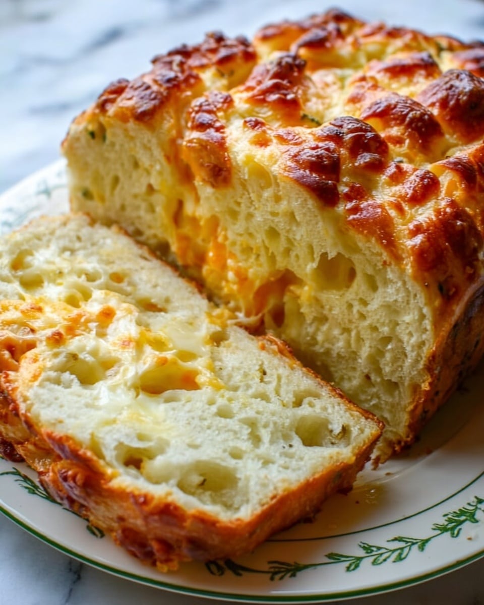 The image shows a loaf of cheesy pull-apart bread placed on a white plate with a floral edge design, set on a white marbled surface. The bread is golden brown and shiny on the top crust with some green herbs sprinkled lightly. The loaf texture is fluffy and soft with many small air holes. A slice is partially pulled out, showing melted cheese stretching inside the bread, which is pale yellow with gooey, stringy cheese layers throughout. photo taken with an iphone --ar 4:5 --v 7