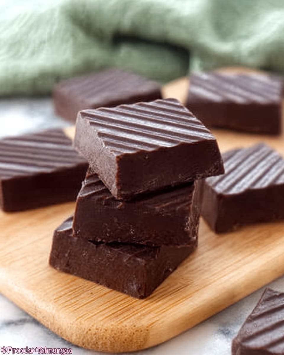 The image shows several square pieces of dark brown chocolate with a smooth, ridged surface. Two pieces are stacked in the center on a light wooden board, while other pieces are scattered around them. The background is a white marbled texture, and a greenish cloth is blurred out in the back. The chocolate looks shiny and rich in texture. Photo taken with an iphone --ar 4:5 --v 7