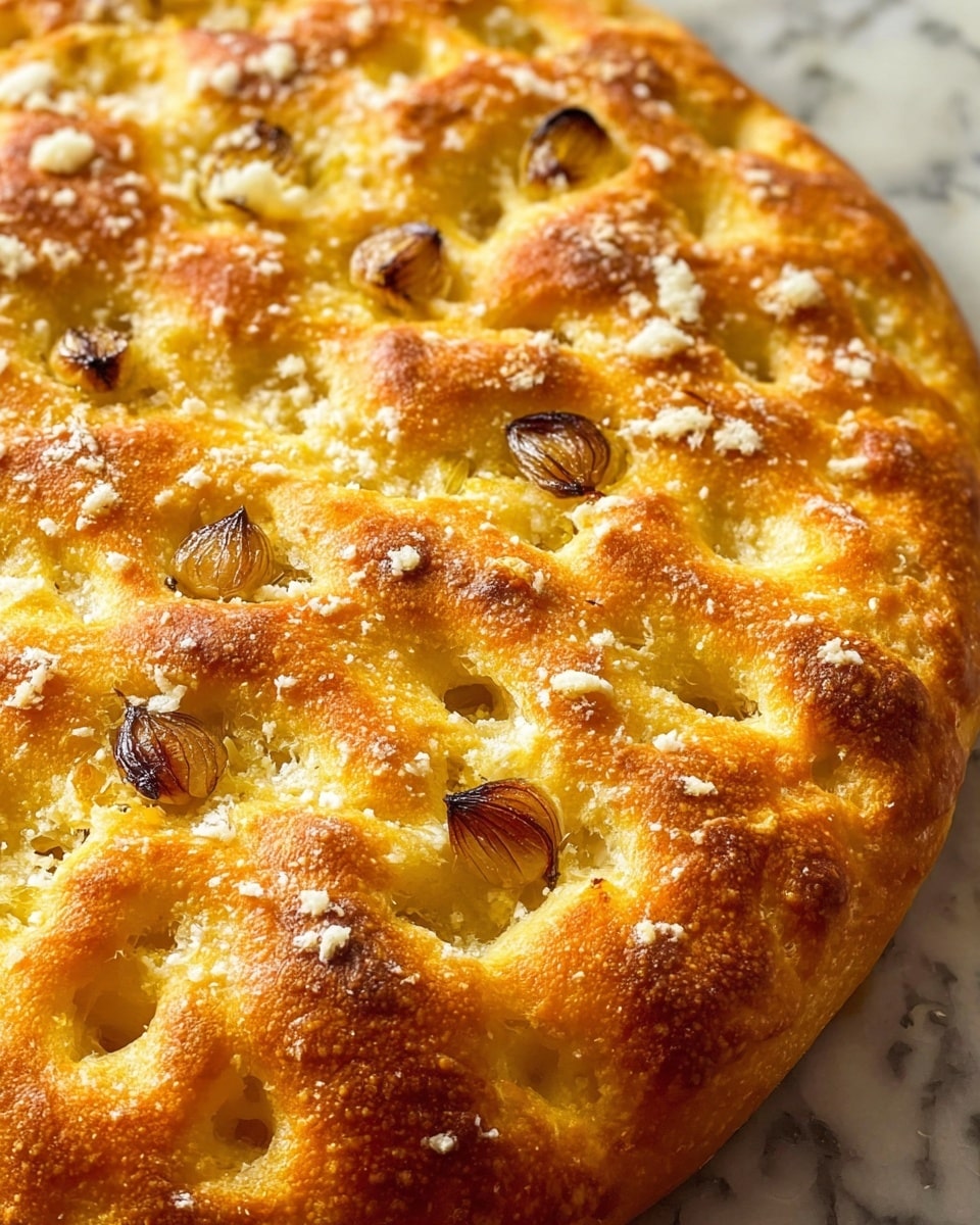 A close-up of a golden brown focaccia bread with a puffy, uneven surface showing many air pockets and soft bubbles. The top layer is a shiny, slightly crisp crust studded with whole roasted garlic cloves, some browner than others, and sprinkled with coarse grated cheese in small white flakes scattered unevenly. The bread's surface has a warm yellow-golden tone with darker toasted spots that give it a rustic look. The background shows a white marbled surface. photo taken with an iphone --ar 4:5 --v 7