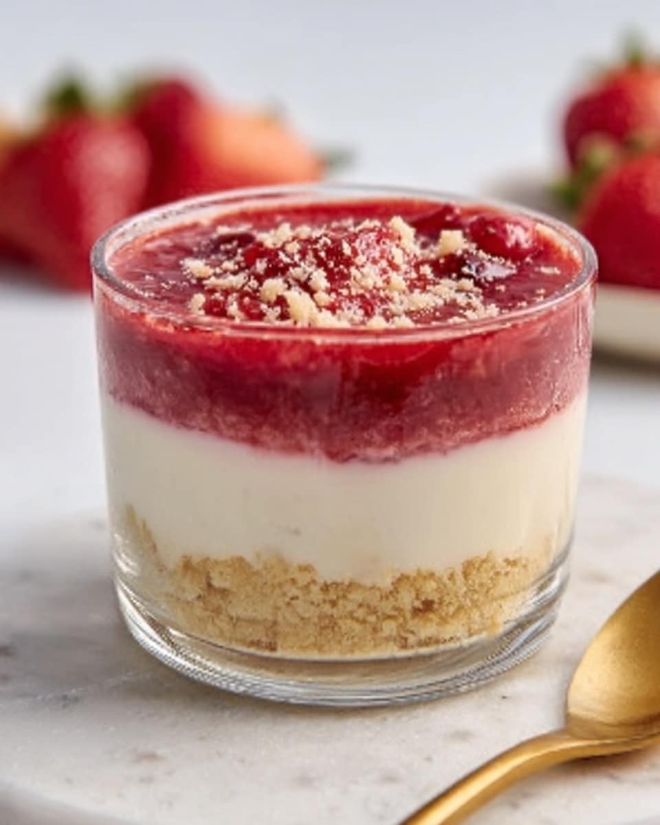 A clear glass cup shows a three-layer dessert. The bottom layer is a light beige crumbly base with a rough texture. The middle layer is smooth and creamy white, sitting thick and even above the crumb base. The top layer is a deep red strawberry mix with visible chunks and a slightly uneven surface sprinkled with small pale crumbs. The cup is placed on a white marbled surface next to a gold spoon and some strawberries in the background. photo taken with an iphone --ar 4:5 --v 7