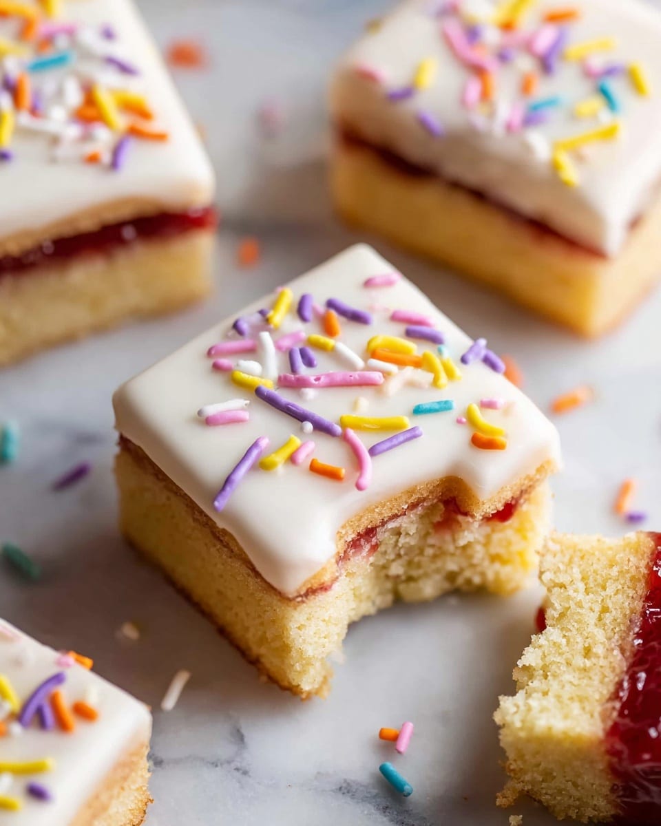 The image shows several rectangular frosted cakes with three distinct layers: a light golden brown cake base, a middle layer of bright red jam, and a top layer of smooth white icing covered with colorful sprinkles in yellow, purple, pink, orange, and blue. One piece at the bottom right is bitten, revealing the jam and cake layers inside. The cakes are placed on a white marbled surface with some sprinkles scattered around. The focus is close-up, highlighting the texture and colors of the icing, jam, and cake. Photo taken with an iphone --ar 4:5 --v 7