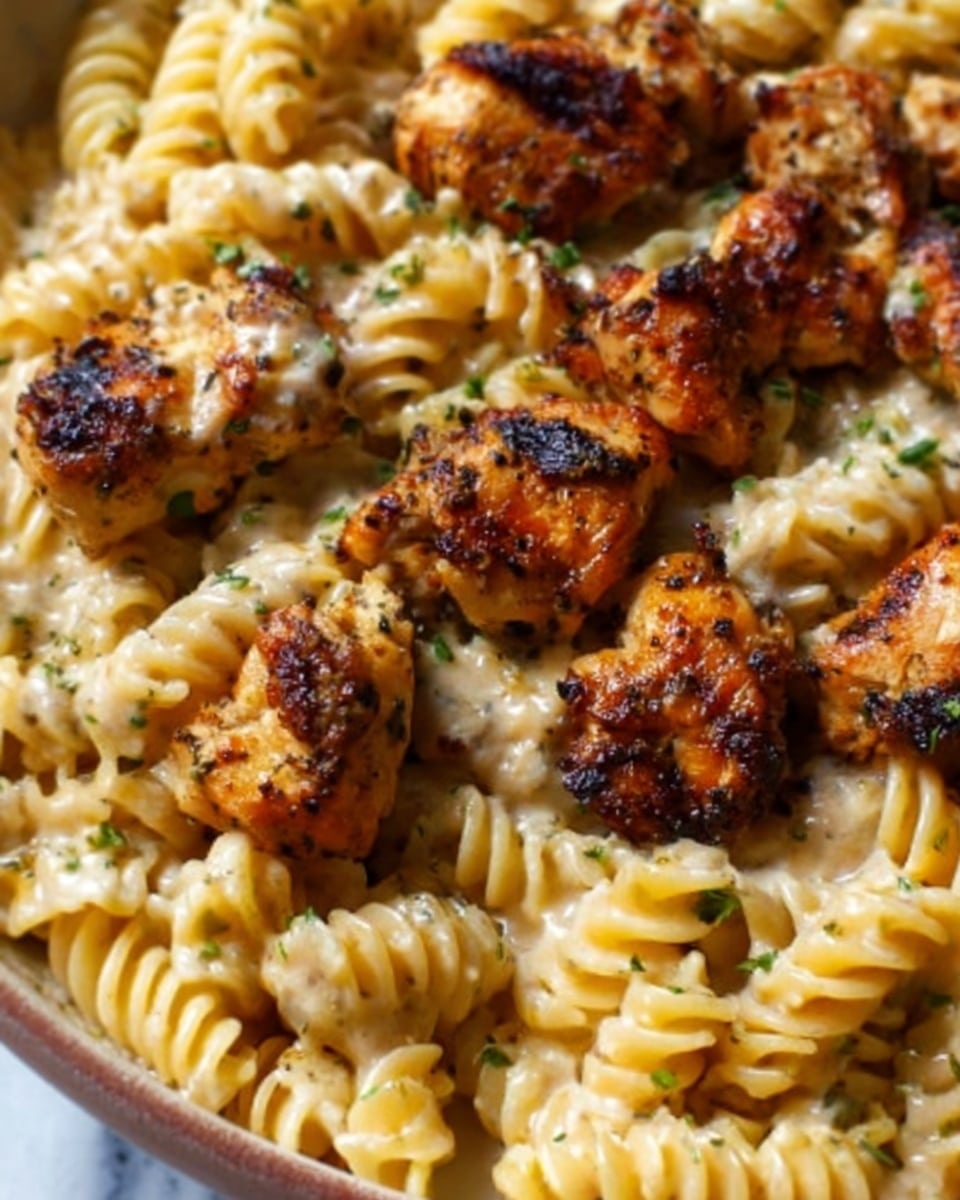 The image shows a close-up of a pasta dish with several pieces of grilled chicken placed on top. The pasta is fusilli, with a light cream sauce coating each spiral, giving it a smooth and slightly shiny look. The chicken pieces are golden brown with charred marks and some visible herbs sprinkled over them, adding texture. The dish fills the frame, emphasizing the contrast between the creamy pasta and the browned chicken chunks. The background is a white marbled surface. Photo taken with an iphone --ar 4:5 --v 7