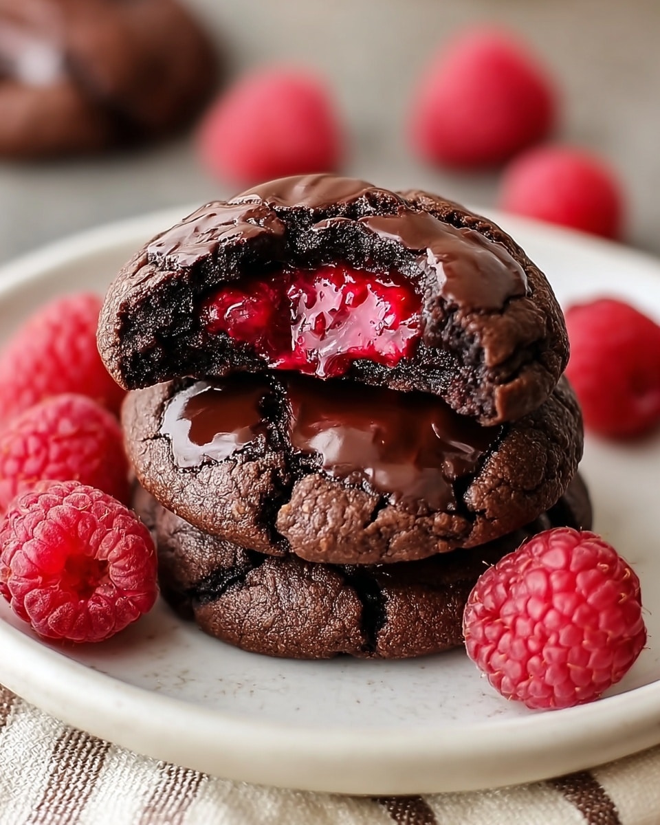 The image shows two stacked dark chocolate cookies on a white plate with a white marbled texture background. The top cookie is bitten, revealing a bright red, juicy raspberry filling inside. Each cookie has a cracked, glossy chocolate surface with uneven patches of melted chocolate on top. Around the cookies, there are fresh whole raspberries adding a vibrant red contrast to the dark cookies. The plate sits on a soft cloth with light brown stripes. Photo taken with an iphone --ar 4:5 --v 7