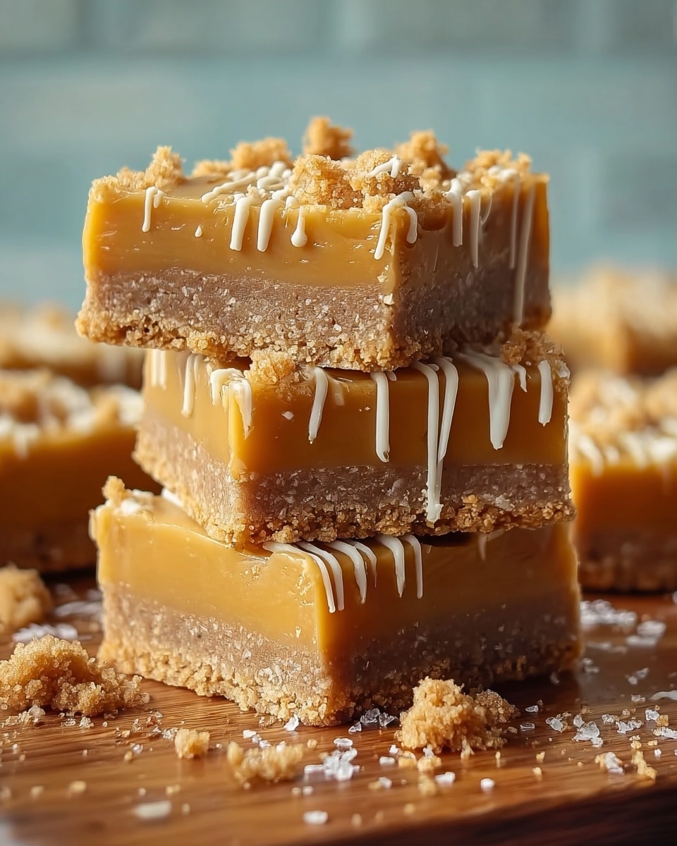 Three square dessert bars are stacked on top of each other, each with two clear layers: a bottom crumbly, light brown base with a grainy texture, and a smooth, thick golden caramel layer on top. The caramel layer is topped with small crumb pieces and thin white drizzle lines running down the sides. The bars are placed on a wooden surface with scattered crumble bits around them, against a softly blurred pale blue and white background. Photo taken with an iphone --ar 4:5 --v 7