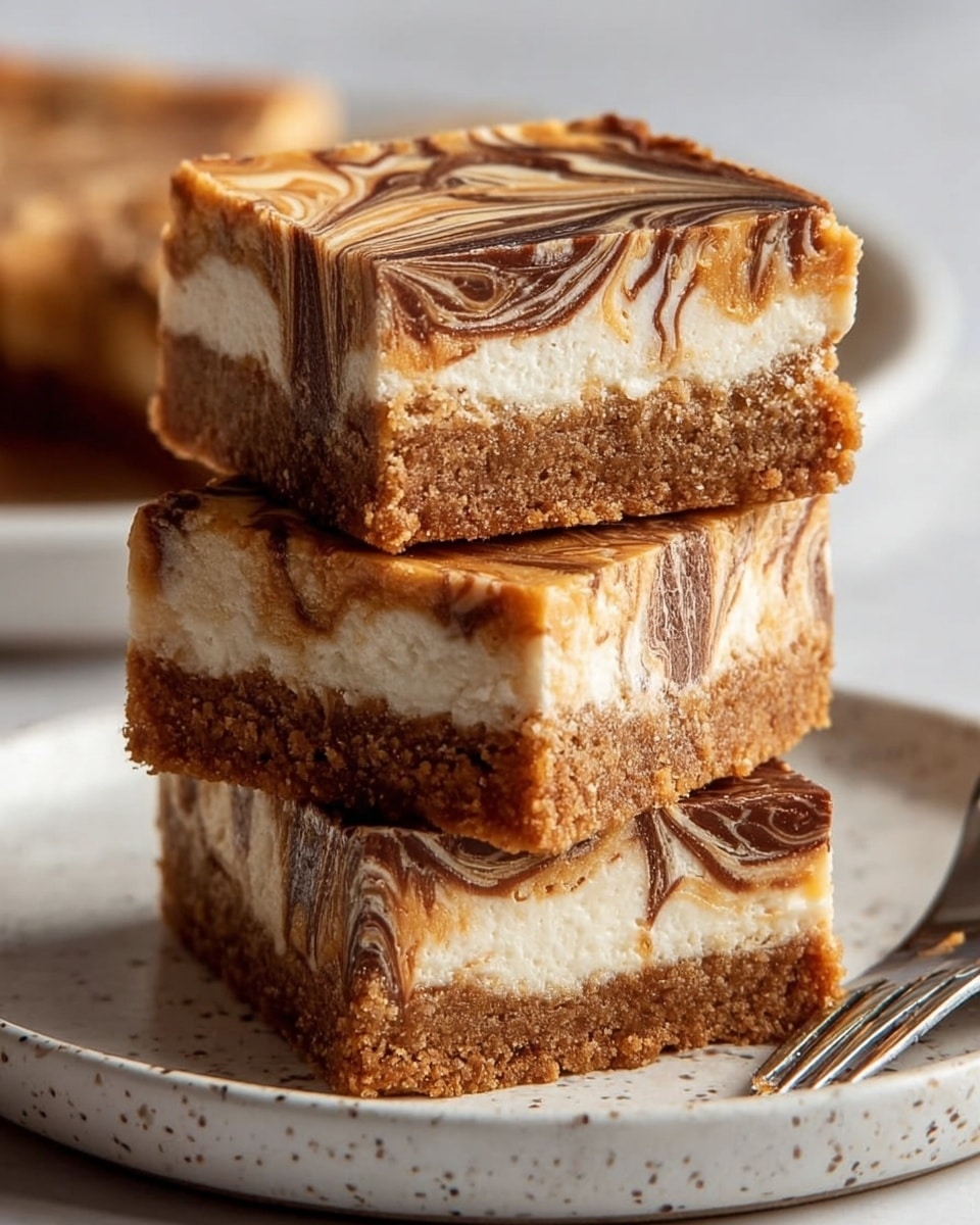 The image shows a stack of three square dessert bars with three visible layers. The bottom layer is thick, crumbly, and brown, resembling a cookie or graham cracker crust. The middle layer is off-white, creamy, and smooth, likely a cheesecake or cream cheese filling. The top layer features a marbled swirl of caramel and chocolate in shades of light brown and dark brown, creating a rich pattern over the creamy layer. The bars are placed on a white plate with a subtle speckled texture, and a silver fork rests on the plate's edge. The background has a white marbled texture, softly blurred to keep focus on the dessert. photo taken with an iphone --ar 4:5 --v 7