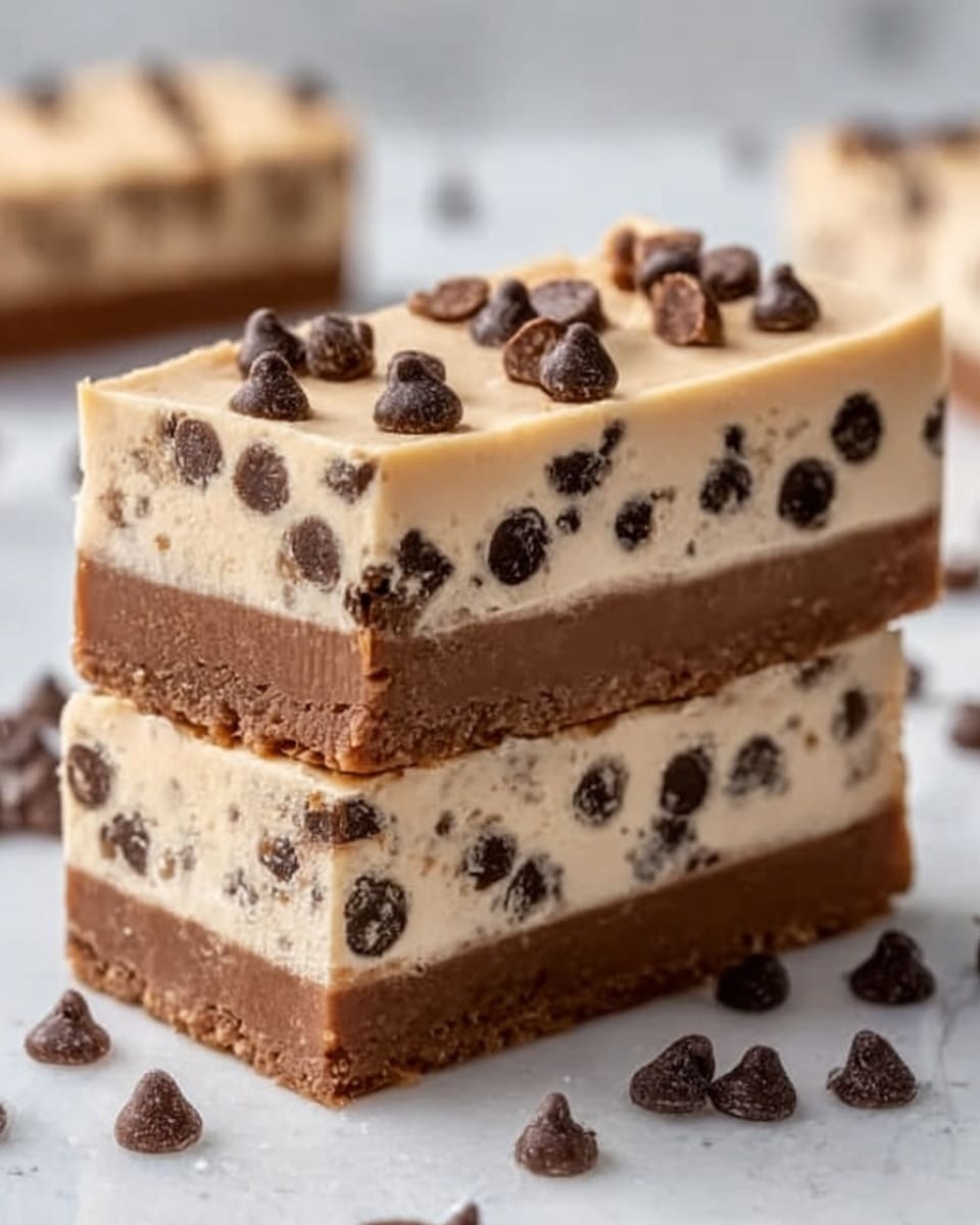 The image shows two stacked dessert bars with three clear layers: a smooth dark brown chocolate base, a thick cream-colored middle layer filled with small dark chocolate chips, and a thin top layer of creamy light tan frosting decorated with scattered dark chocolate chips. The bars have clean edges and a soft, slightly shiny texture, placed on a white marbled surface with more chocolate chips nearby. Photo taken with an iphone --ar 4:5 --v 7