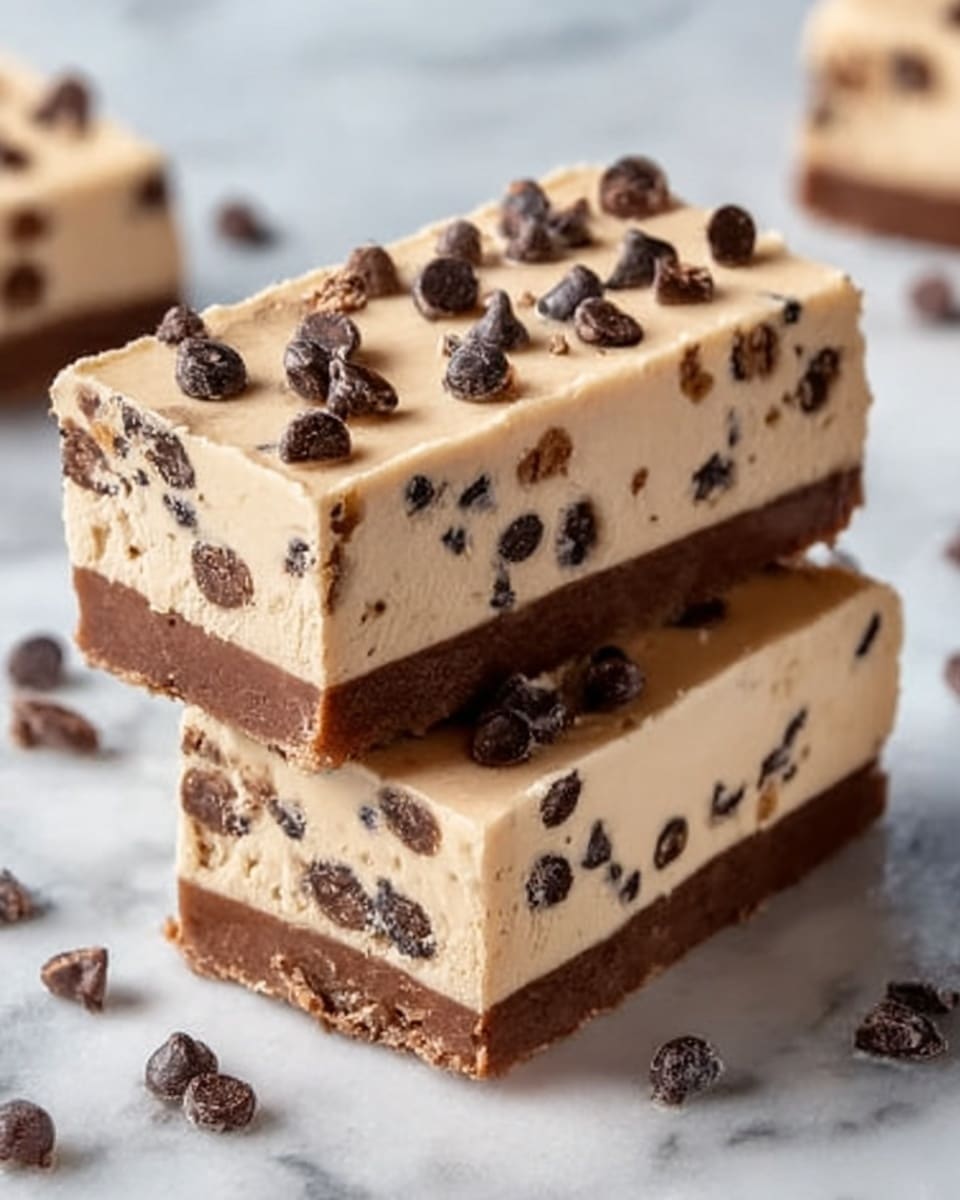 The image shows two stacked dessert bars on a white marbled surface, each with three clear layers: a thick dark brown chocolate base at the bottom, a creamy light tan middle layer mixed with dark chocolate chips scattered inside, and a smooth light tan top layer sprinkled with larger dark chocolate chips. The bars have clean edges, and more chocolate chips are scattered around them on the surface. photo taken with an iphone --ar 4:5 --v 7