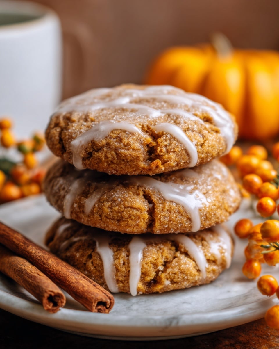 A stack of three round cookies with a rough texture sits on a white plate, each cookie covered with a light drizzle of white icing that falls unevenly down the sides. The cookies have a golden-brown color with visible cracks on the surface, showing a soft inside. Beside the plate, two cinnamon sticks rest on a white marbled surface, with orange berries and a blurred pumpkin in the background giving a warm, autumn feel. Photo taken with an iphone --ar 4:5 --v 7