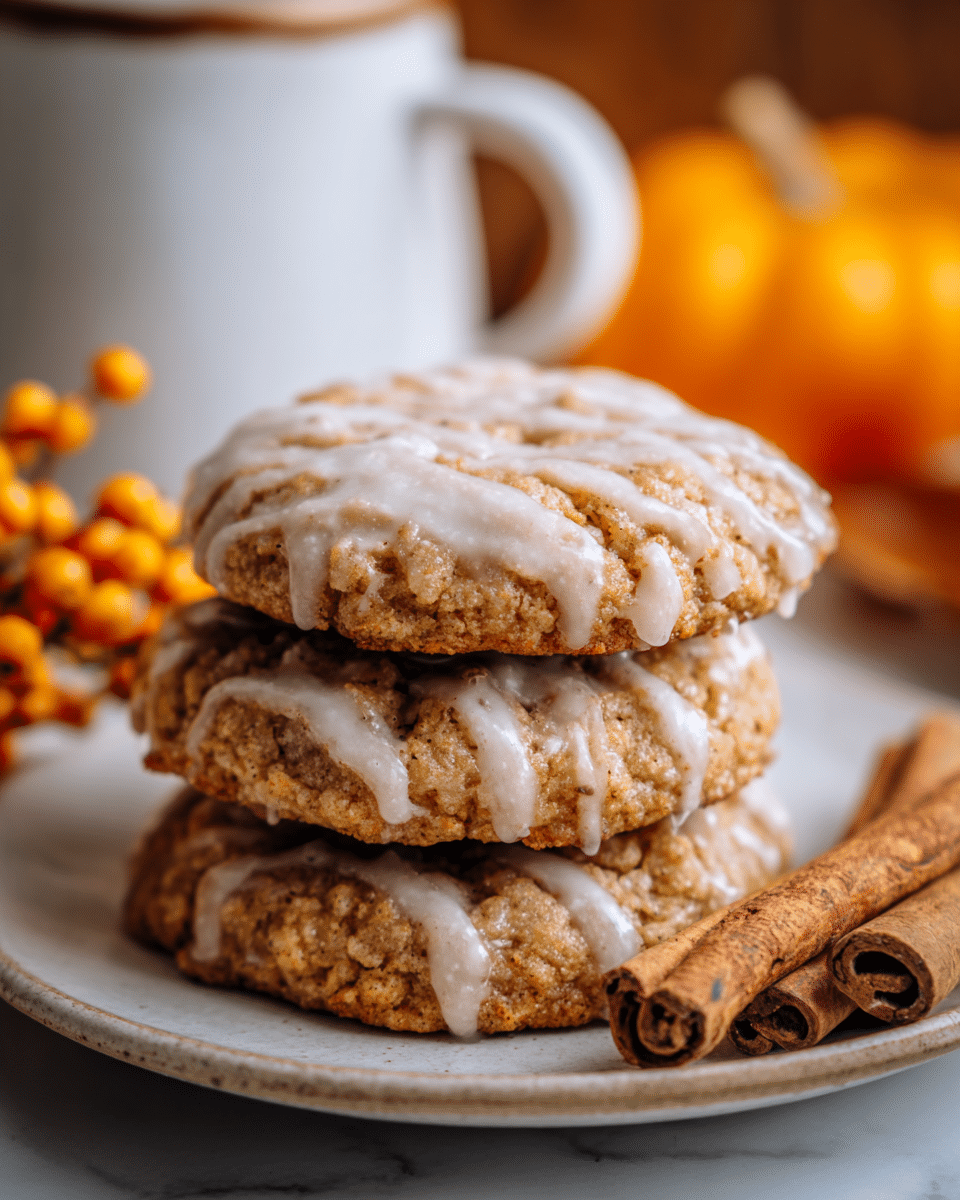 A stack of three thick, soft-looking cookies sits on a white plate, each cookie topped with uneven white glaze drizzles that glisten slightly. The cookies have a golden-brown color with a slightly crumbly texture visible around the edges. Next to the cookies on the right side, two cinnamon sticks are placed on the plate, adding a warm brown tone and rough texture contrast. In the background, out of focus, a white mug with some orange berries and an orange pumpkin adds a cozy autumn feel. The surface beneath the plate is a white marbled texture. photo taken with an iphone --ar 4:5 --v 7