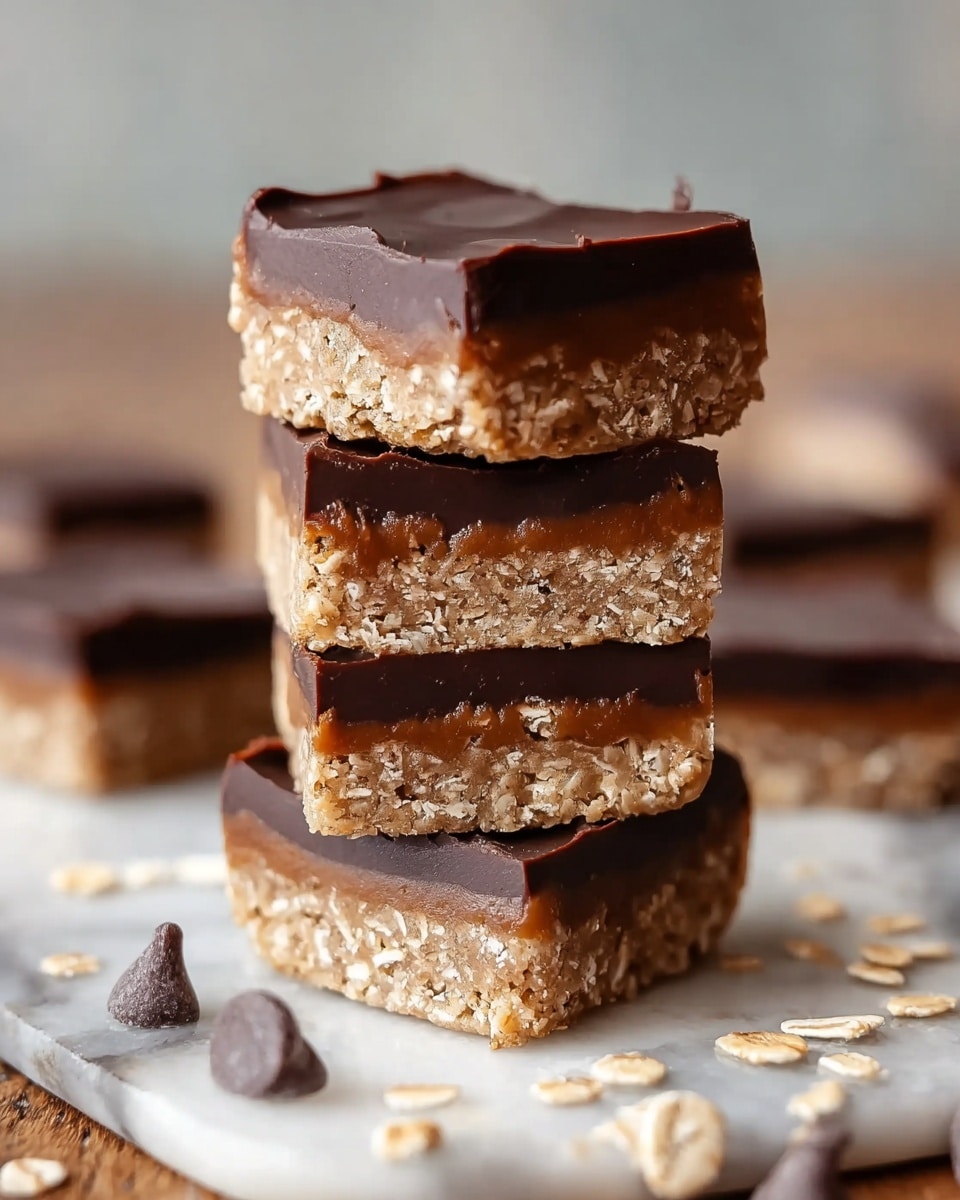 The image shows a stack of four square oat and chocolate bars on a white marbled surface. Each bar has two layers: a thick, crumbly light brown oat base mixed with visible oat flakes, topped by a smooth, glossy dark chocolate layer with slightly uneven edges. The bars are stacked neatly, with some oat flakes and a few chocolate chips scattered around the base on the surface. The background is softly blurred to keep the focus on the bars. photo taken with an iphone --ar 4:5 --v 7