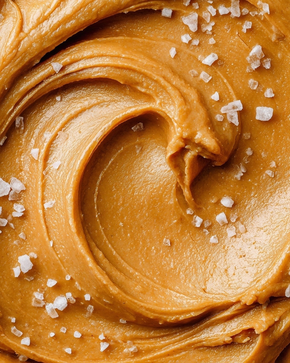 This close-up image shows a smooth, creamy layer of light brown peanut butter with a swirled texture, featuring soft, rounded ridges and valleys. Scattered evenly on the top are small, white flakes of coarse salt, adding a rough contrast against the shiny, thick peanut butter surface. The background is a white marbled texture, highlighting the glossy, rich look of the peanut butter. photo taken with an iphone --ar 4:5 --v 7