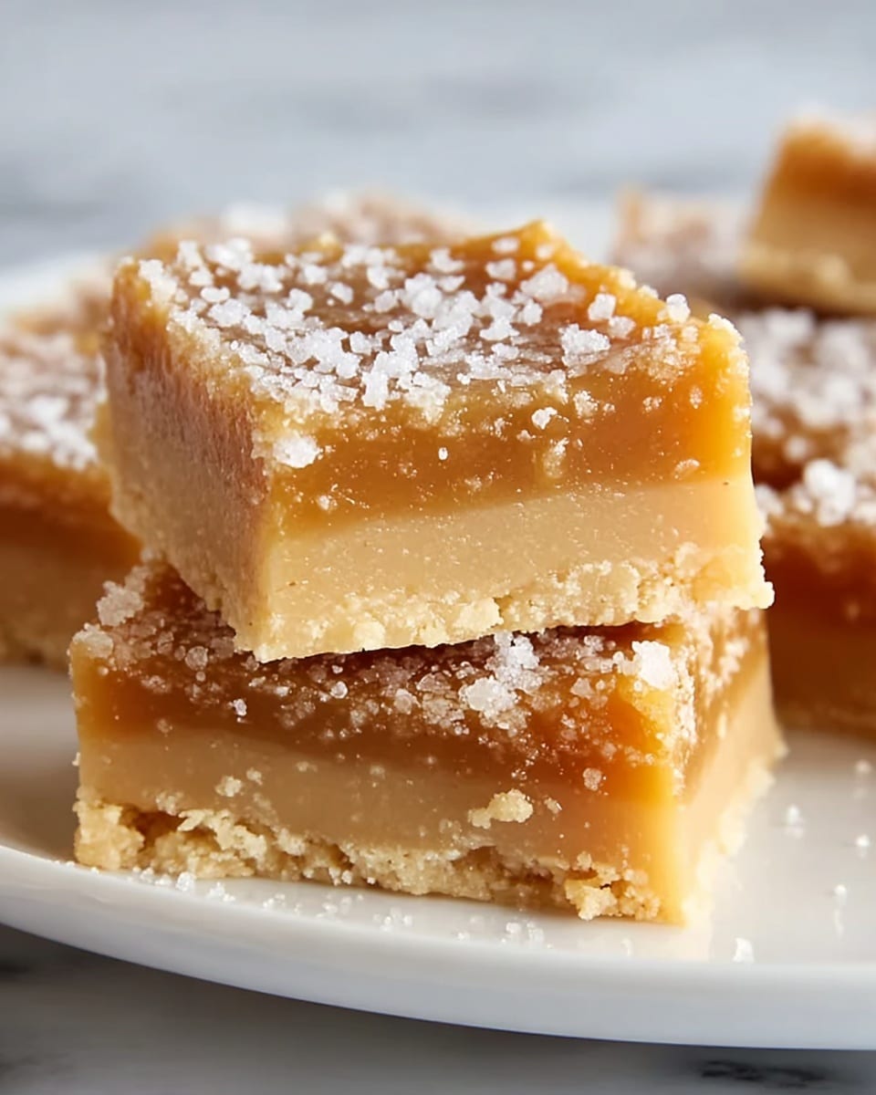 The image shows close-up golden brown squares of dessert bars stacked on a white marbled surface. Each bar has two layers; the bottom layer is a soft, creamy light tan base with a slightly crumbly texture, while the top layer is a glossy caramel color with a sticky appearance and a sprinkling of white powdered sugar scattered unevenly on top. The bars have a dense, moist look with slightly rough edges. In the background, more bars are slightly out of focus, emphasizing the texture and layers of the front pieces. Photo taken with an iphone --ar 4:5 --v 7