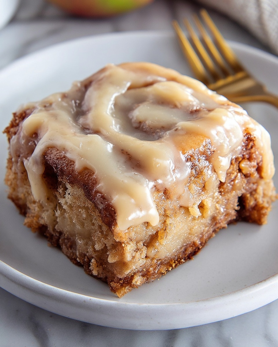 A close-up of a single square piece of cinnamon roll on a white plate, placed on a white marbled surface. The bottom layer is a golden-brown, slightly crispy dough rolled tightly with visible layers and swirls of cinnamon sugar inside. The top layer is thick, creamy, light beige icing that is smoothly spread but unevenly drips down the sides, adding a rich texture. The cinnamon roll has a soft, moist, and slightly crumbly appearance with glossy spots where the sugar melted. In the background, a gold fork is partially visible. Photo taken with an iphone --ar 4:5 --v 7