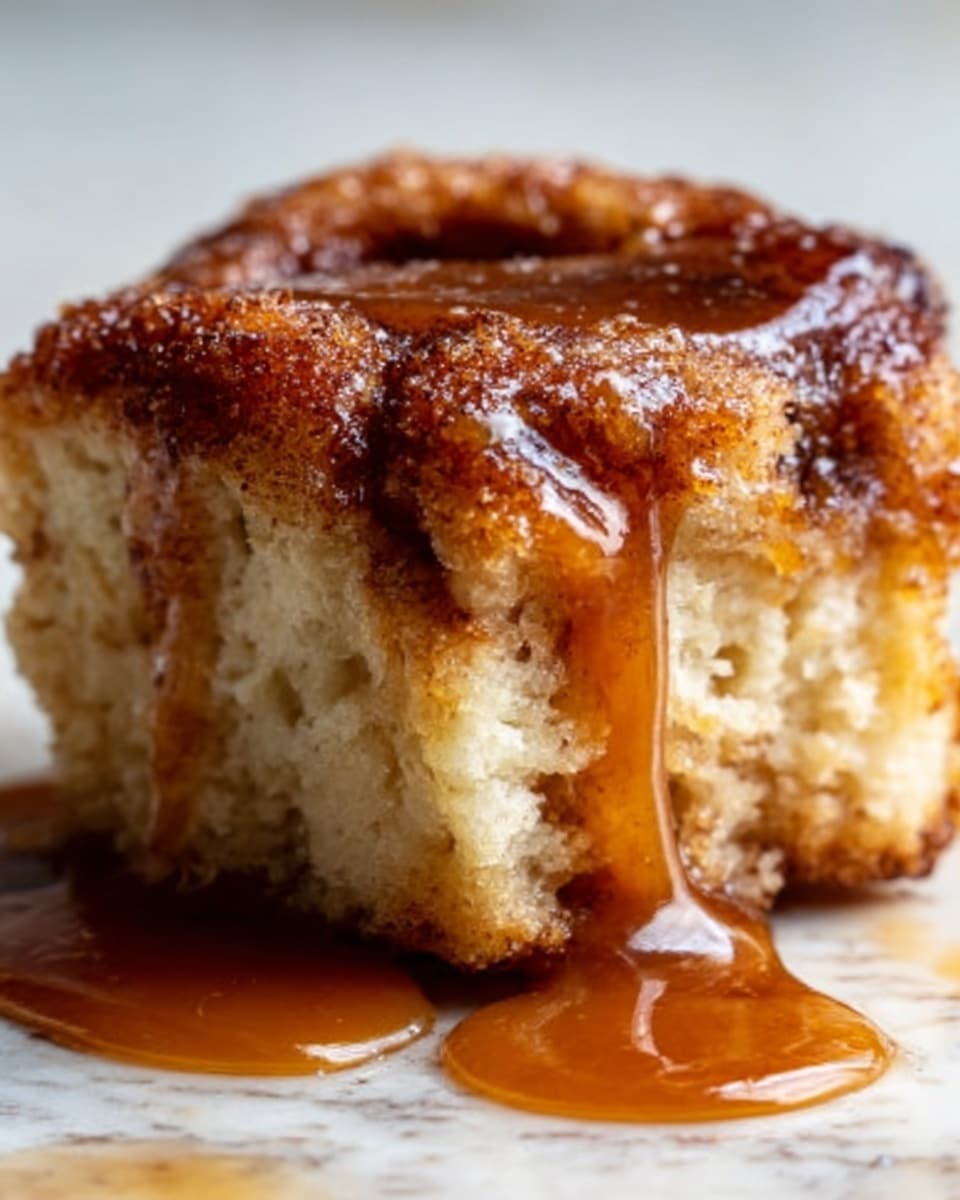 A close-up image of a soft, square piece of cinnamon roll with a light golden-brown color showing its fluffy texture inside. The top layer is darker brown and covered with a slightly glossy, sticky glaze. Thick caramel sauce is dripping down the sides, pooling slightly at the base. The background is a white marbled texture. Photo taken with an iphone --ar 4:5 --v 7