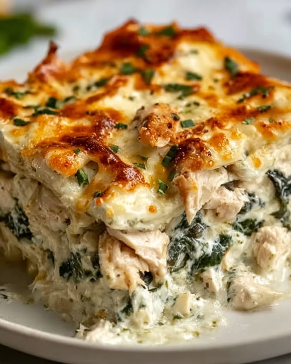 A close-up view of a slice of baked lasagna-style dish sitting on a white plate, resting on a white marbled surface. The dish has multiple visible layers, starting from a creamy white sauce at the bottom, followed by softened green spinach leaves mixed with shredded white chicken pieces. The top layer is golden brown melted cheese with some crispy edges, dotted with tiny green herb pieces. The texture looks creamy and rich with slight bubbling and browning on the surface. Photo taken with an iphone --ar 4:5 --v 7
