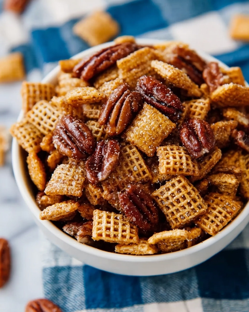A close-up view of a white bowl filled to the top with a snack mix that has two main layers: the first layer consists of light golden, waffle-textured cereal pieces, and the second layer is made up of glossy, dark brown pecans scattered evenly throughout. The texture is crunchy with some sparkle from a sugary coating. The bowl sits on a cloth with blue and white stripes, and the surrounding surface has a soft white marbled texture. Photo taken with an iphone --ar 4:5 --v 7