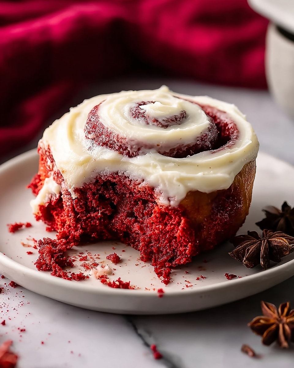 A close-up of a red velvet cinnamon roll with three visible layers, starting with a moist, deep red dough base, followed by a darker red cinnamon swirl layer in the middle, topped with a thick layer of smooth white cream cheese frosting swirled in a spiral from the center outward, slightly dripping down the sides. Crumbs are scattered around it on a white plate, which sits on a white marbled texture surface. The background is softly blurred with hints of red fabric and small spices sprinkled around. photo taken with an iphone --ar 4:5 --v 7