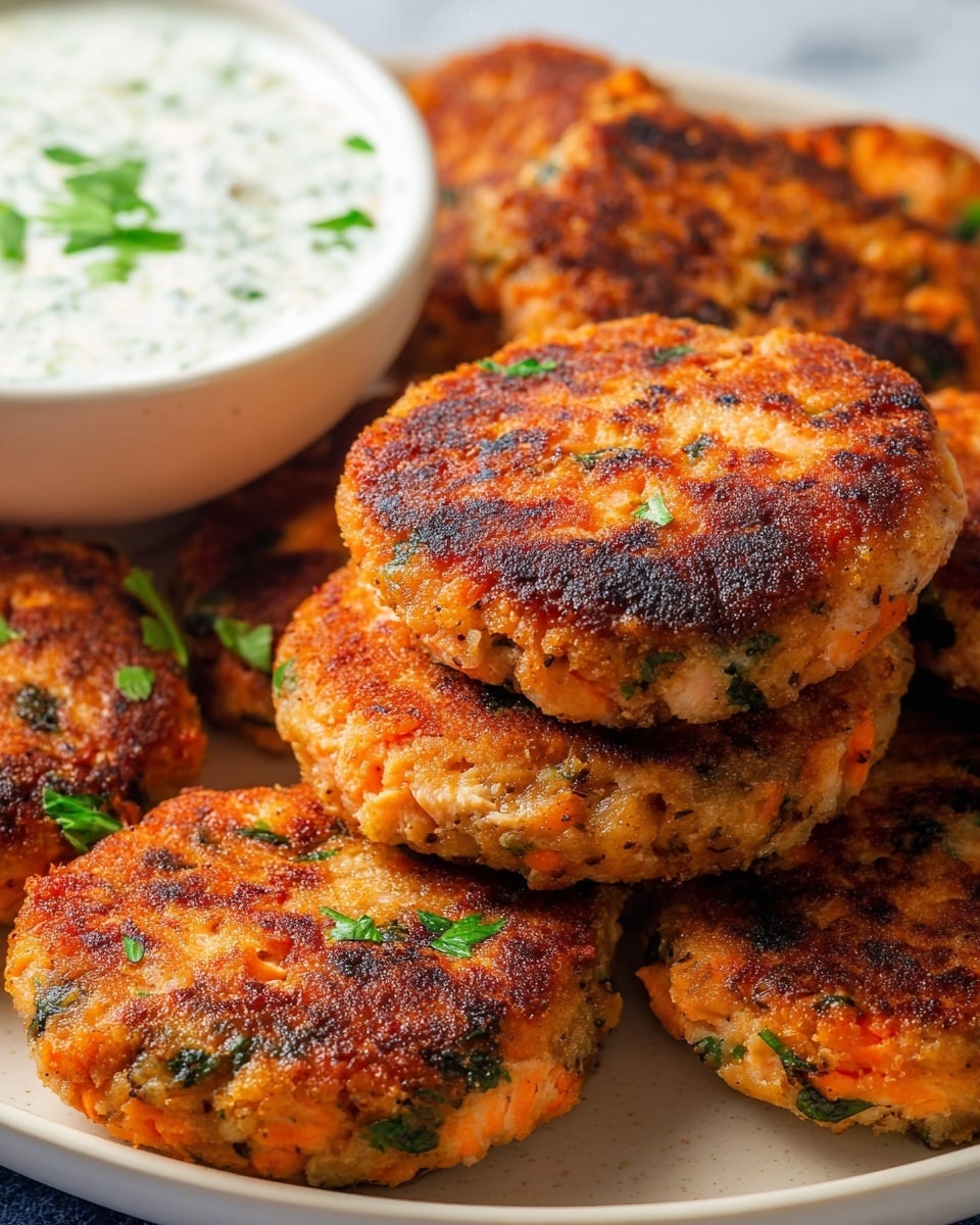 The image shows several round salmon patties stacked close together on a white plate with a slightly crispy, golden-brown to dark brown crust and visible green herbs mixed throughout. The patties are thick and textured, with some orange pieces of cooked salmon visible in each patty. In the top left corner, part of a white bowl containing a creamy, white sauce garnished with green herbs is visible. The background has a clean white marbled texture. photo taken with an iphone --ar 4:5 --v 7