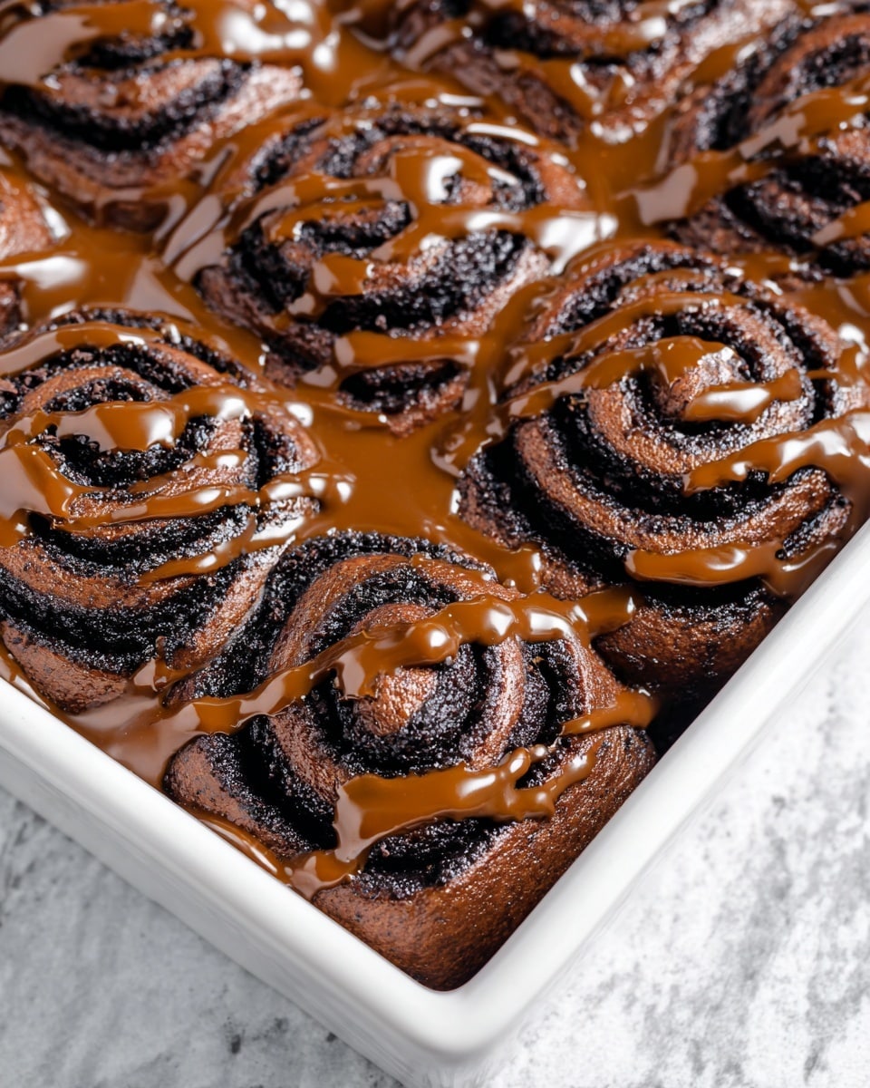 The image shows a white rectangular baking tray filled with dark brown chocolate rolls that have a rich, almost black filling spiraled tightly inside. Each roll is drizzled generously with a glossy light brown chocolate glaze that sweeps across the top in smooth, uneven lines and small pools, creating a shiny texture. The rolls sit close together, slightly puffed and glossy, with some glaze spilling over the tray edges. The background is a white marbled texture. photo taken with an iphone --ar 4:5 --v 7