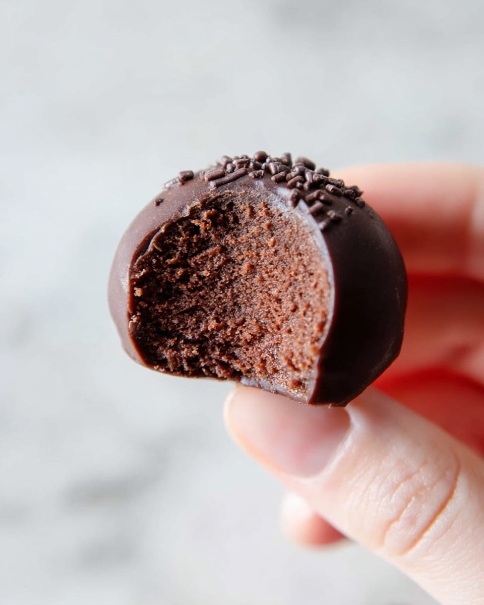 A close-up of a small, round chocolate truffle held between the fingertips of a woman's hand, with a visible bite taken out of the truffle revealing a dense, crumbly chocolate filling inside. The outer layer is smooth and glossy dark chocolate with tiny chocolate bits sprinkled on top, while the inside has a softer, textured chocolate center. The background is a soft white marbled texture, giving the image a clean and simple look. photo taken with an iphone --ar 4:5 --v 7
