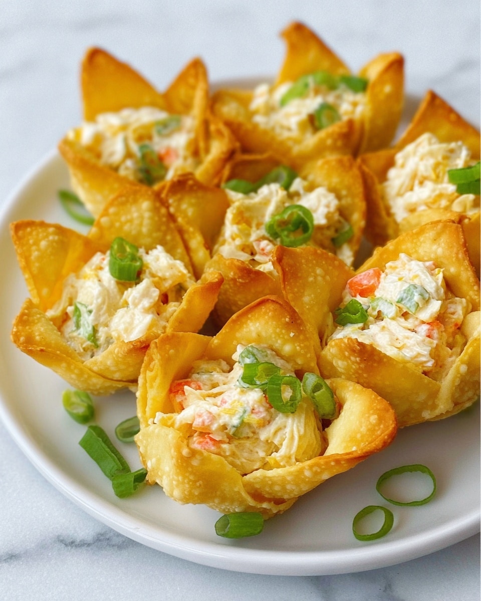 A white plate with several golden-yellow crispy wonton cups, each filled with creamy white chicken salad mixed with small pieces of carrots and celery. The cups have a lightly crinkled texture and are topped with small green onion pieces, some scattered on the plate. The background and surface underneath the plate are a clean white marble texture. Photo taken with an iphone --ar 4:5 --v 7