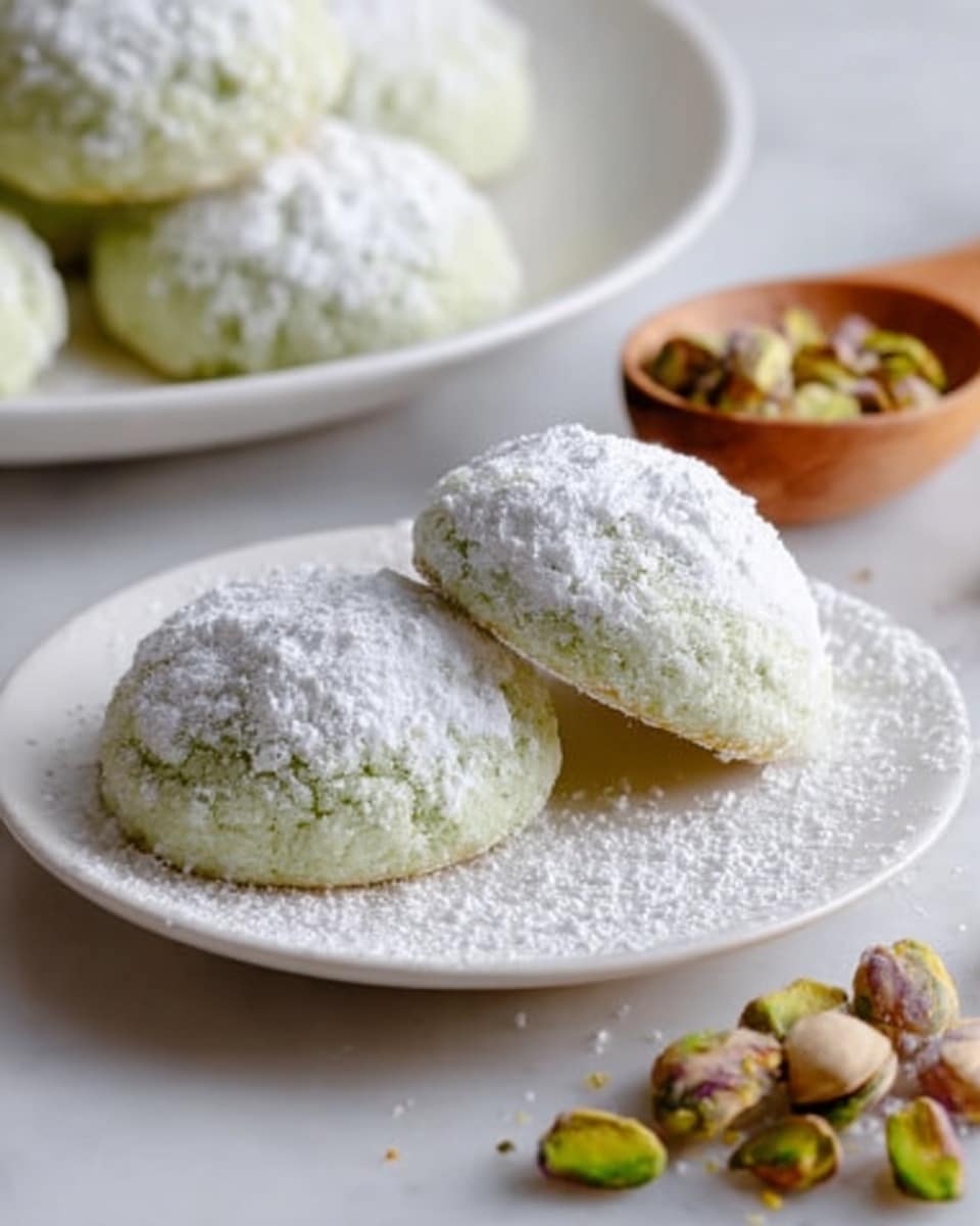 The image shows three light green cookies covered with white powdered sugar, placed closely on a white plate. The cookies have a soft, slightly cracked surface dusted thickly with the powdered sugar. Behind them, more cookies are stacked on another white plate in soft focus. To the right, a small wooden spoon is filled with powdered sugar and next to it are some open pistachio nuts with green kernels visible. The background and surface are white marbled texture. Photo taken with an iphone --ar 4:5 --v 7