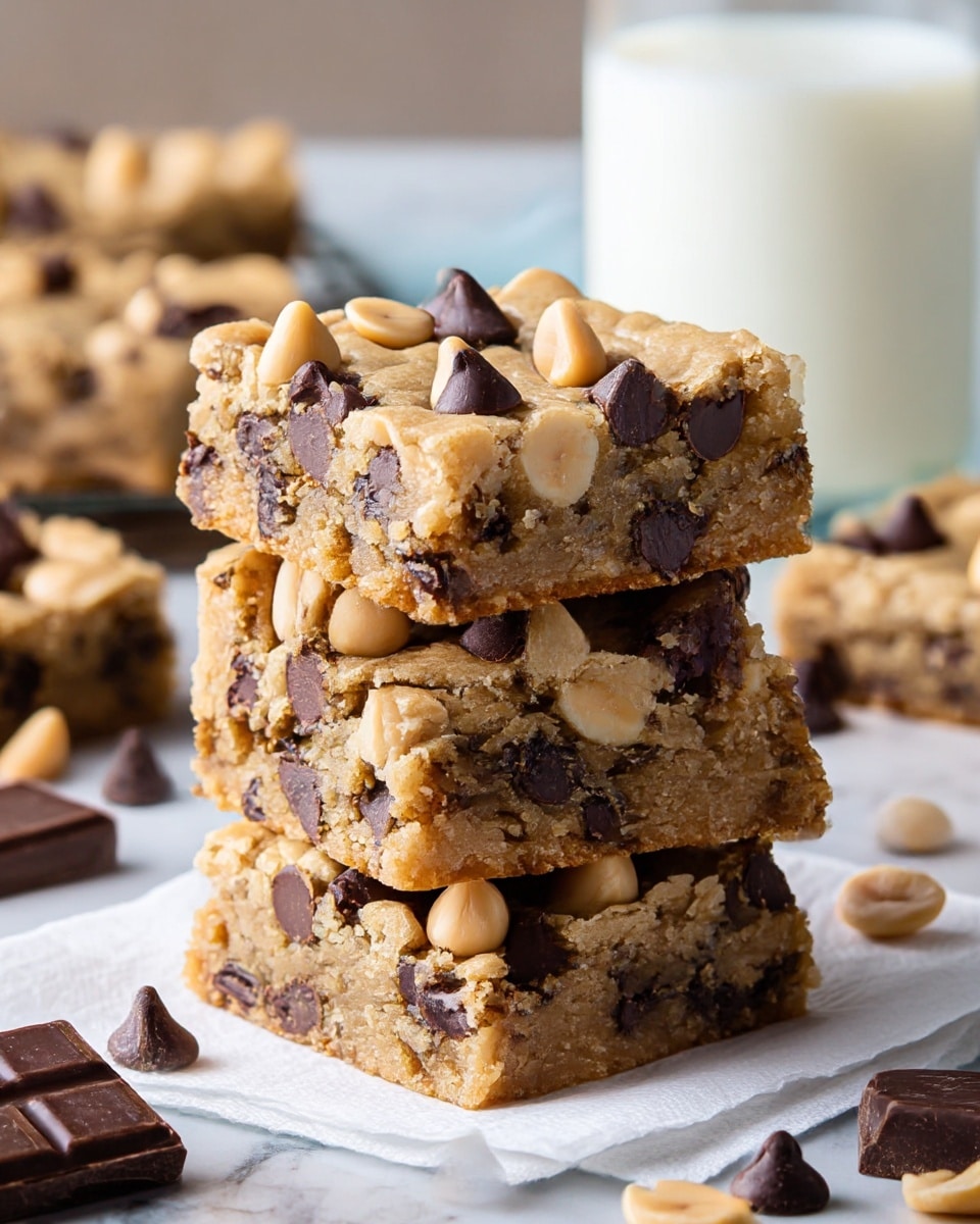 The image shows a stack of four thick square blondie bars on a white napkin placed on a white marbled surface. Each blondie bar has a golden brown, slightly crumbly base layer mixed with dark chocolate chips and topped with scattered whole, light tan peanuts and chocolate chunks, adding texture and color contrast. The bars look soft and dense with visible chocolate melted spots and smooth peanut pieces on top. Small pieces of chocolate and peanuts are scattered around the stack. In the background, a glass of milk is slightly out of focus. photo taken with an iphone --ar 4:5 --v 7