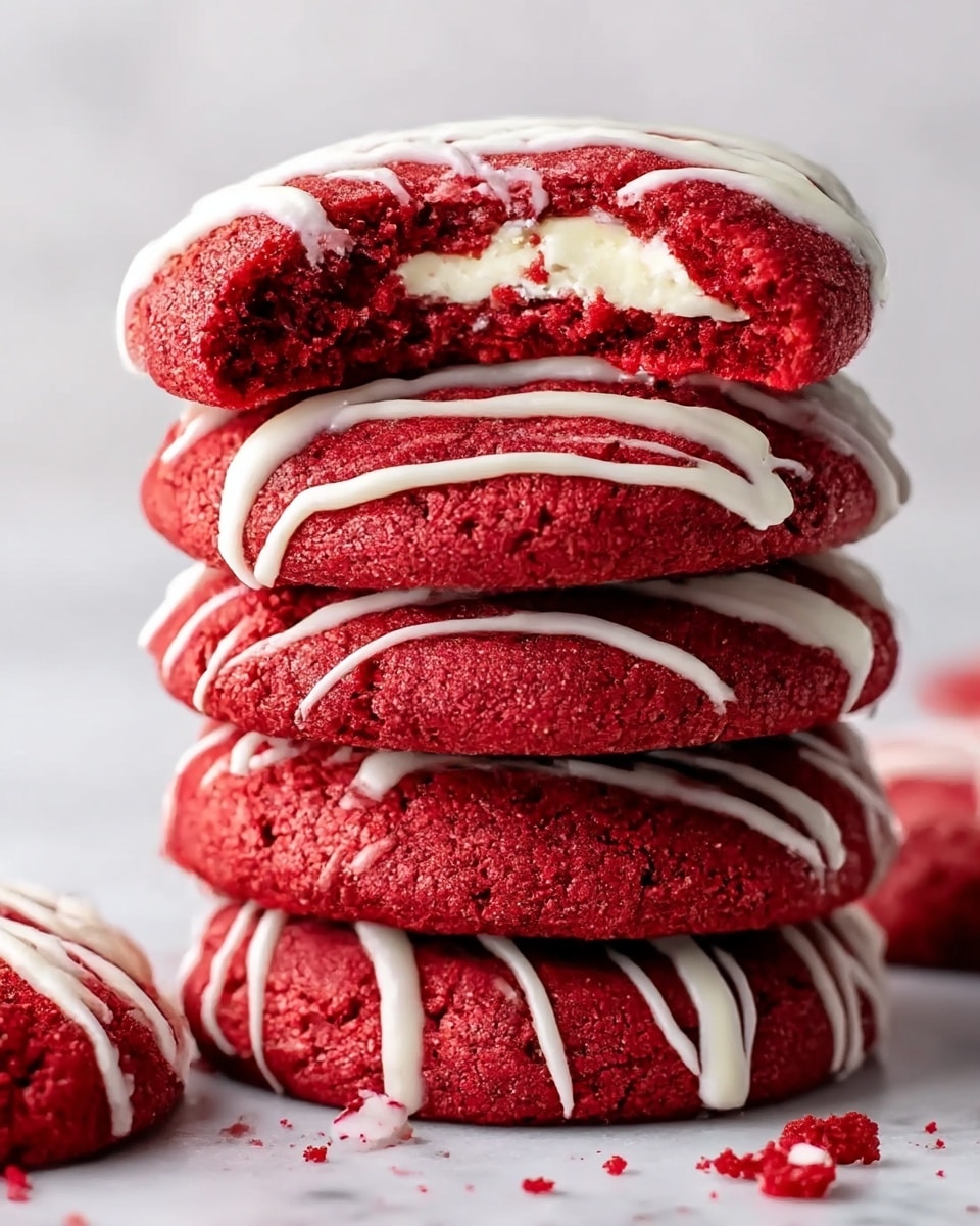 A stack of five red velvet cookies is shown close up, each thick and soft with a rich red color and a slightly cracked texture. White cream cheese filling is visible inside the top cookie, which has a bite taken out of it. Each cookie is drizzled with thin white icing lines that add contrast and texture, with some cookie crumbs scattered around the base. The cookies rest on a white marbled surface that softly blurs into the background, enhancing the vivid red of the treats. photo taken with an iphone --ar 4:5 --v 7