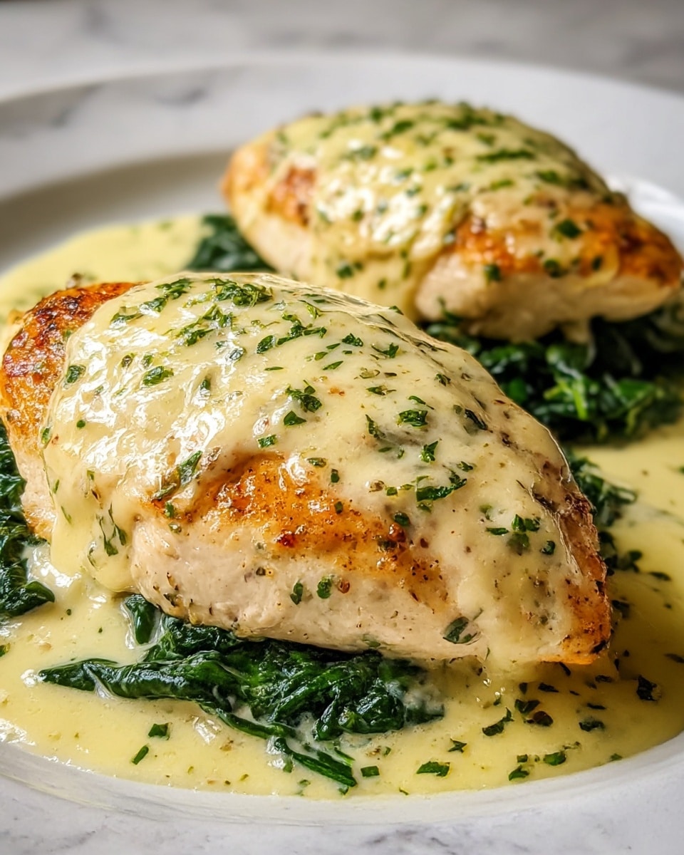 This image shows two pieces of cooked chicken breast placed on a bed of cooked dark green spinach, all served on a white plate with a white marbled texture. The chicken is covered with a thick, creamy, light yellow cheese sauce that has melted and browned slightly on top, sprinkled with small bits of green herbs. The sauce also spreads around the spinach, creating a rich and smooth appearance. The chicken looks juicy with a slightly golden and seared surface underneath the cheese topping. Photo taken with an iphone --ar 4:5 --v 7