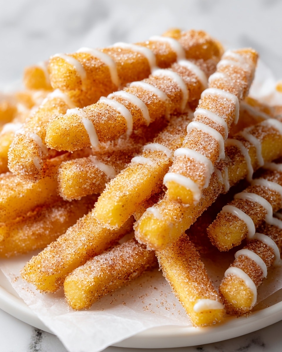 A close-up view of a pile of golden-yellow fried sticks covered in a mixture of fine granulated sugar and cinnamon powder, giving them a speckled texture in light and dark brown shades; the sticks are drizzled with thin, uneven white icing lines across their tops. The fried sticks are stacked haphazardly on a piece of white parchment paper over a white plate. The plate is placed on a surface with a white marbled texture. photo taken with an iphone --ar 4:5 --v 7