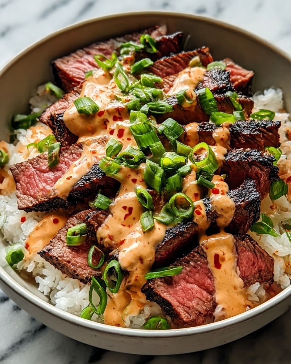 A white bowl filled with a base layer of white rice, topped with thick slices of grilled steak that are medium rare with a pink center and a charred dark crust. Over the steak is a creamy, light orange sauce with red specks, drizzled unevenly. Bright green chopped scallions are scattered across the top, adding a pop of fresh color. The bowl sits on a white marbled surface. photo taken with an iphone --ar 4:5 --v 7