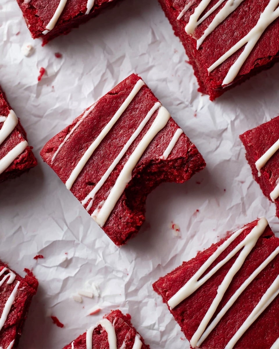 The image shows red velvet brownies cut into squares with a rich, deep red color. Each brownie has one visible soft, dense layer with a slightly cracked, textured top. Thin white icing lines are drizzled diagonally over the surface, adding contrast to the red base. One square brownie in the center has a bite taken out of it, revealing the moist interior. The brownies are placed on a crumpled white parchment paper over a white marbled texture, scattered with small bits of white icing. photo taken with an iphone --ar 4:5 --v 7